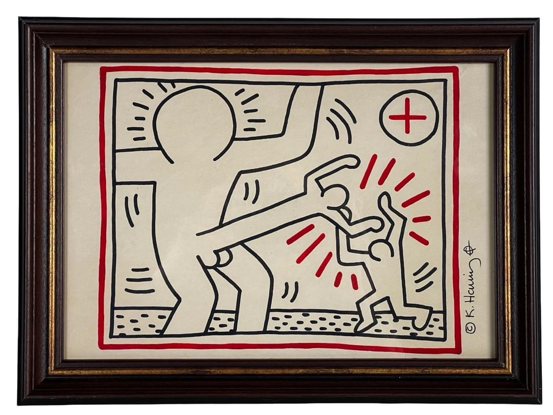 Keith Haring Pop Art Mixed Media Drawing: Striking pop art mixed media drawing featuring bold outlined figures in an energetic composition with dynamic red accent lines, closely associated with the visual language of Keith Haring. The work