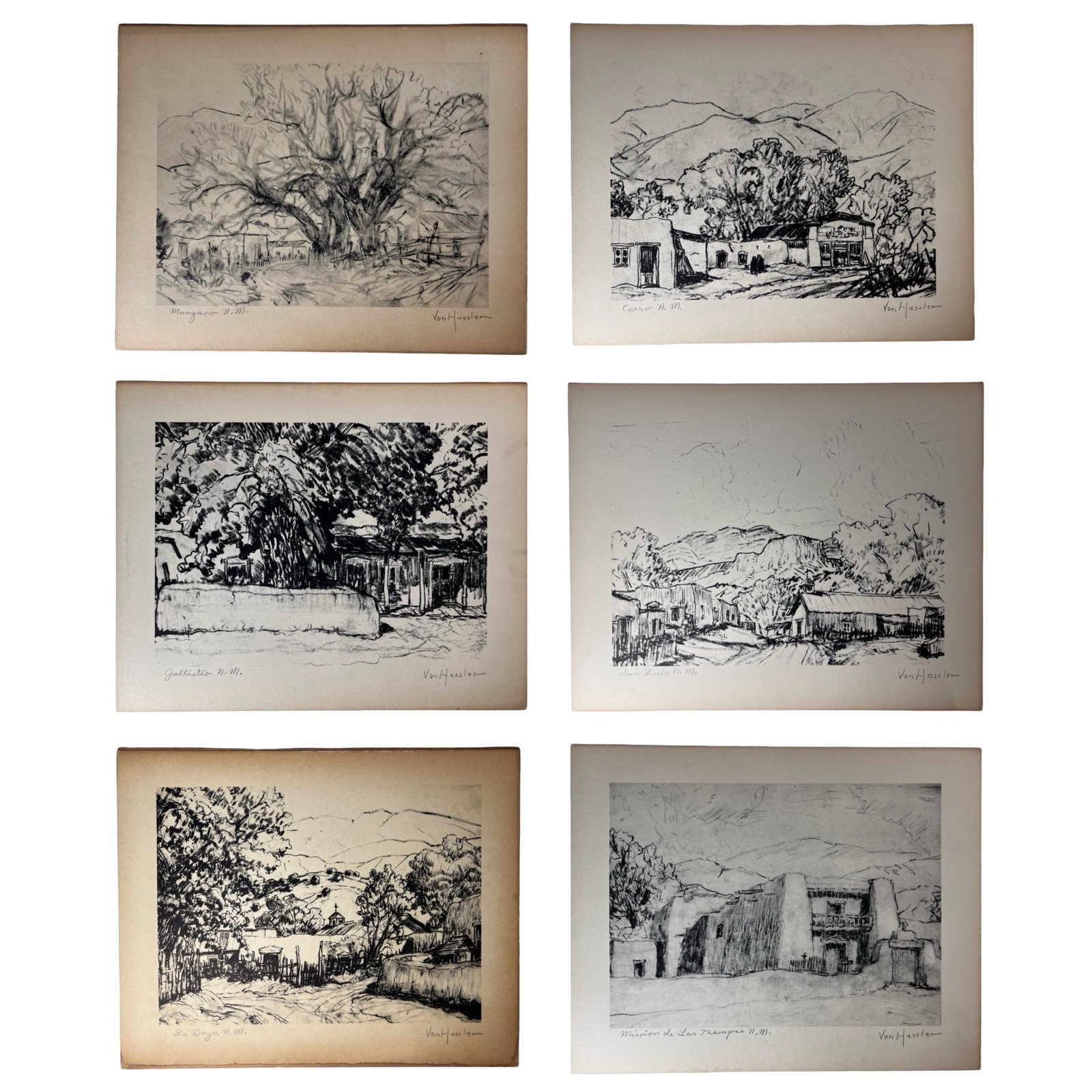Carl Von Hassler Portfolio of 6 Signed Etchings: Portfolio of six original etchings by Carl Von Hassler, each hand signed. The works depict expressive rural and village scenes, including trees, adobe structures, and mountainous landscapes, rendered