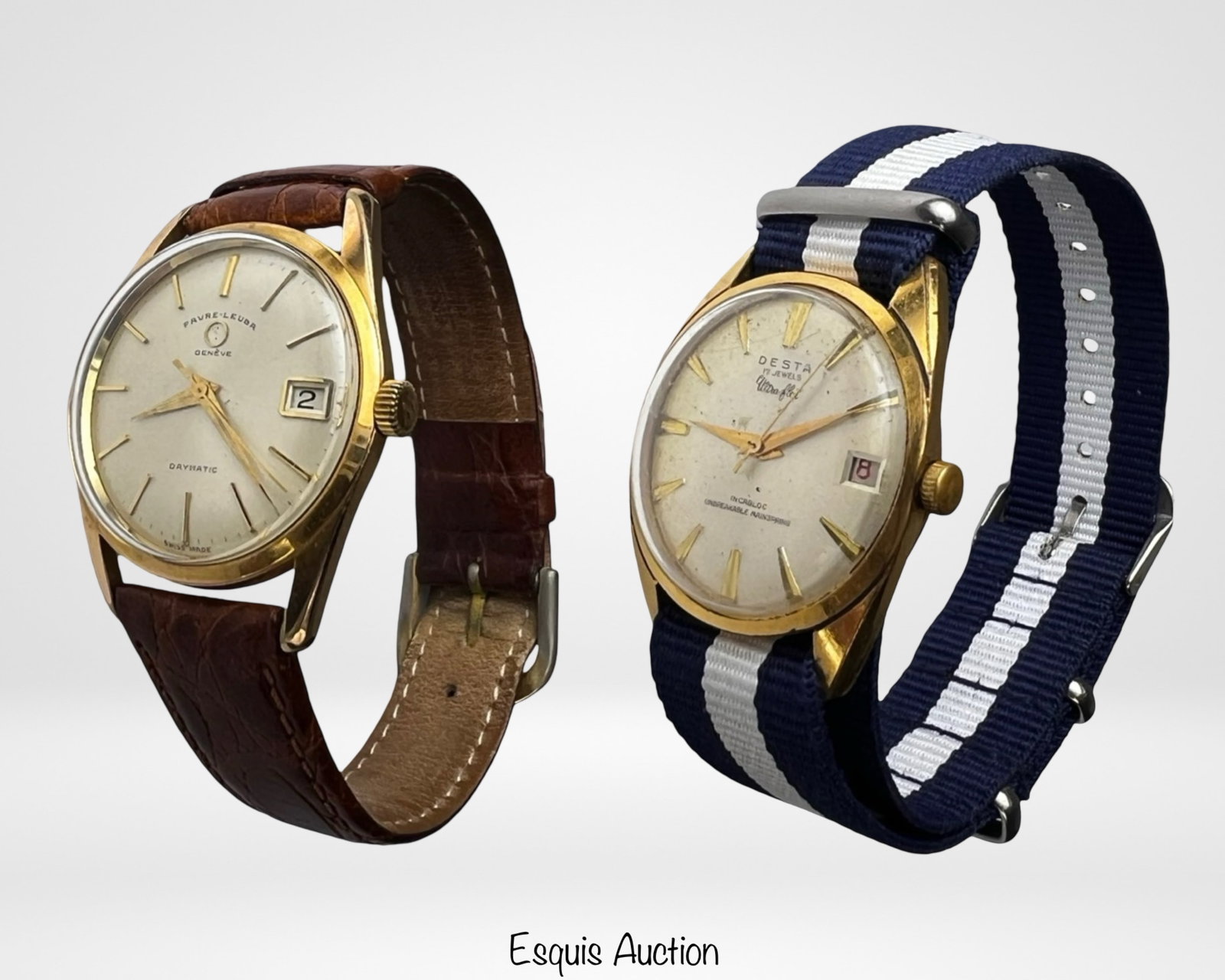 Men's Vintage Swiss Made Wrist Watches: Two Vintage Men's Swiss Made Wrist Watches- Desta 17 Jewels "Ultra-Flat" Incabloc Watch and Favre-Leuba Daymatic Watch. Botha re in good overall condition showing some age related wear, botha re