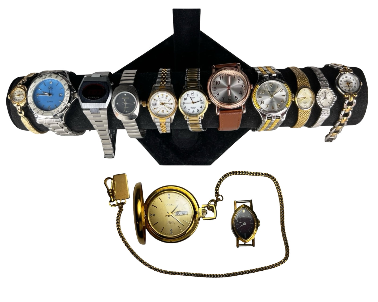 Assortment of Various Wrist Watches & Pocket Watch: Group of Various Wrist Watches and Pocket Watch, untested, some might be as found.