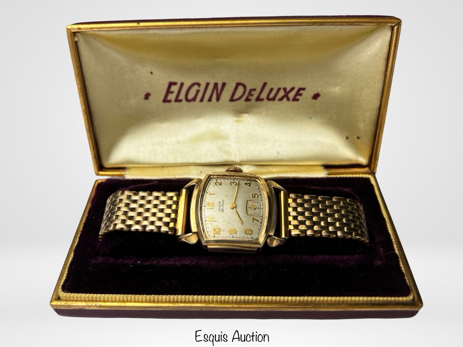 1940s Elgin De Luxe Wrist Watch in Box - 10k GF: 1940's Elgin De Luxe Wrist Watch in Original Box with 10k Gold Filled Case. Shows osme age related wear, no glass, non running condition.
