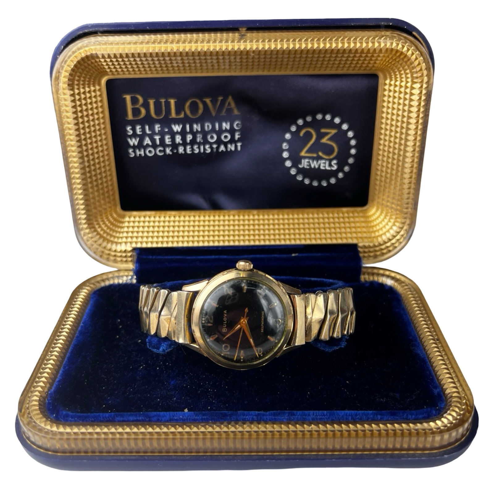 Vintage Bulova 23 Jewels Selfwinding Wrist Watch: Vintage Bulova 23 Jewels Selfwinding Wrist Watch in Original Box. Shows some age related wear, working condition. Band as found.