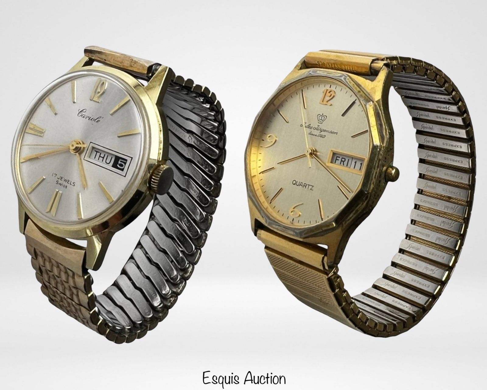 Swiss Made Watches- Jules Jurgenson & Cariole: Two Vintage Men's Wrist Watches- Jules Jurgenson & Cariole. Botha re in good overall condition. Mechanical is working, quartz is untested w/o battery.
