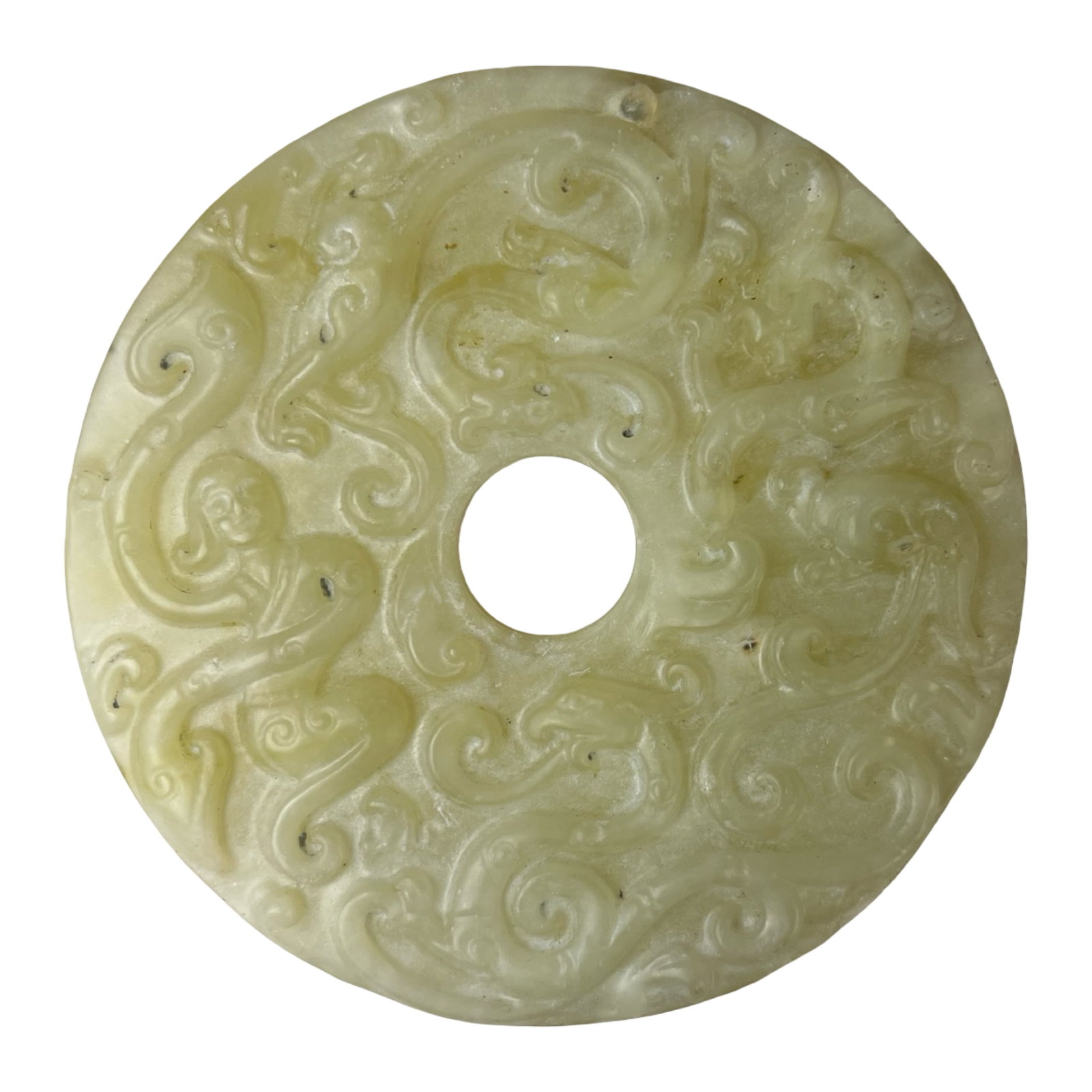 Antique Chinese Carved Jade Bi Disc with Dragons: Finely carved Chinese jade bi disc featuring a continuous field of stylized dragon forms rendered in low relief. The design displays fluid, scrolling bodies arranged in a circular composition around t