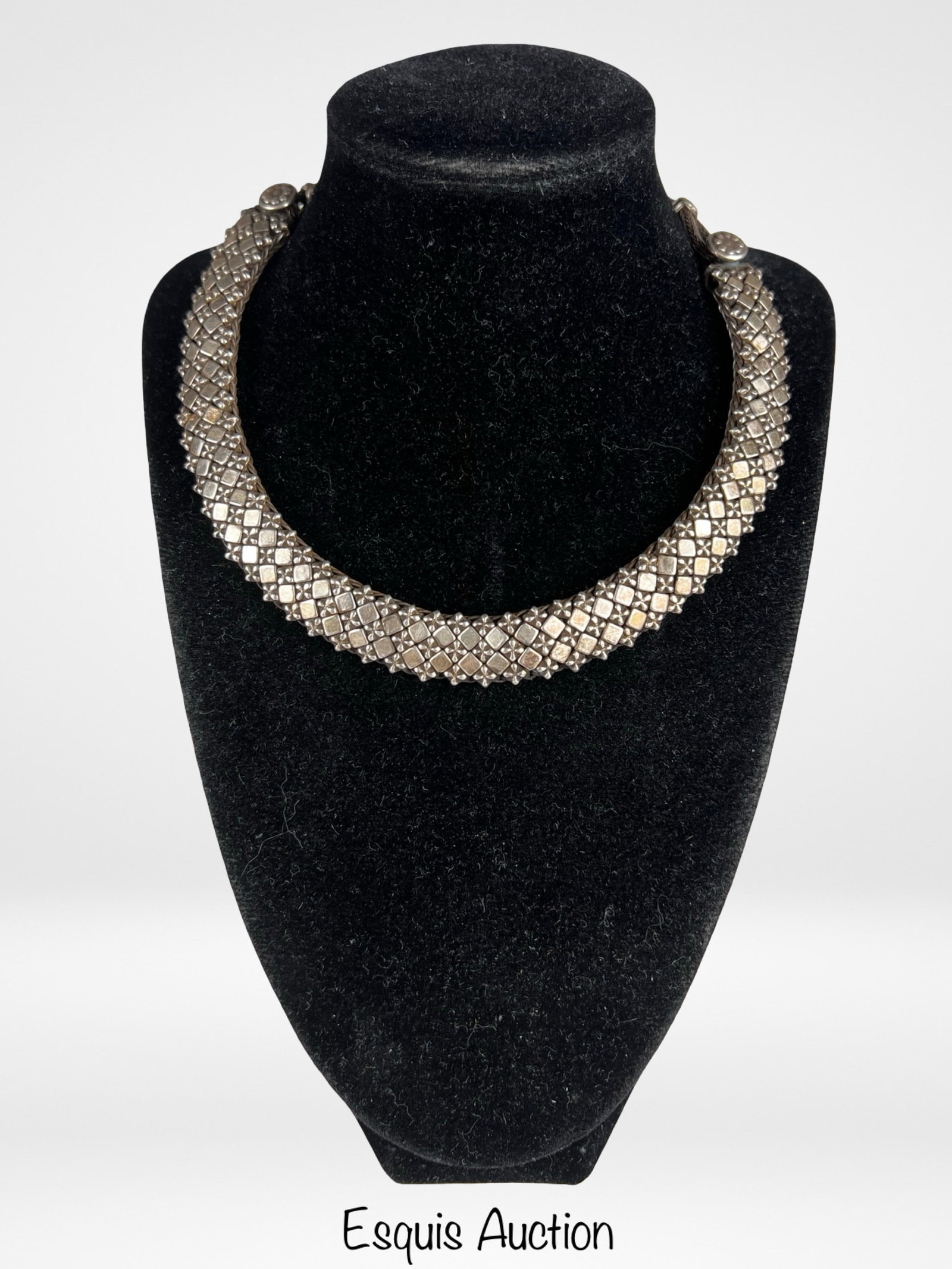 Rajasthan Sterling Silver Bib Necklace Choker: Vintage sterling silver bib-style choker necklace from Rajasthan, India, featuring a substantial woven and layered construction with intricate textural detail. The necklace is composed of tightly brai