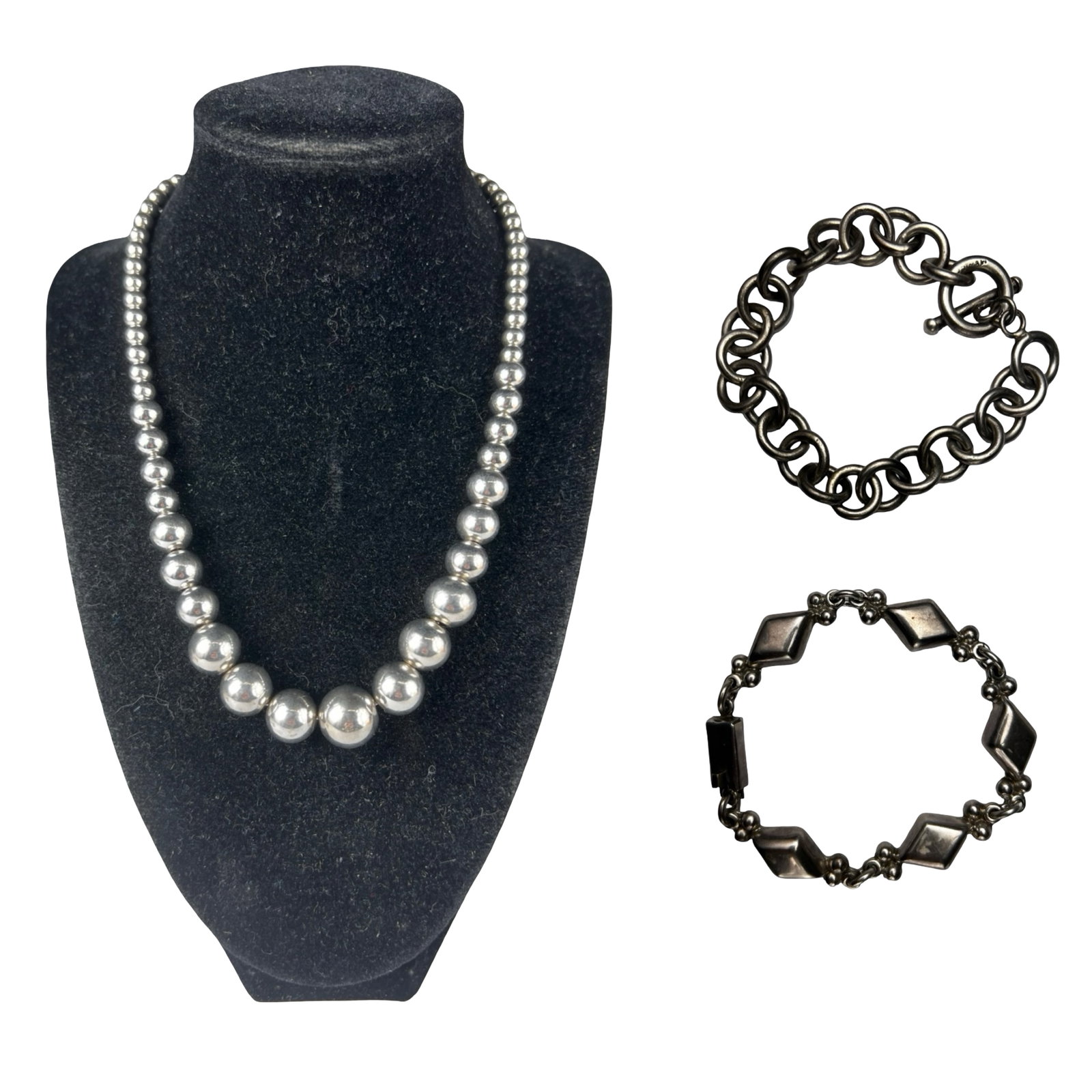 Sterling Silver Bead Necklace & 2 Heavy Bracelets (1 of 5)