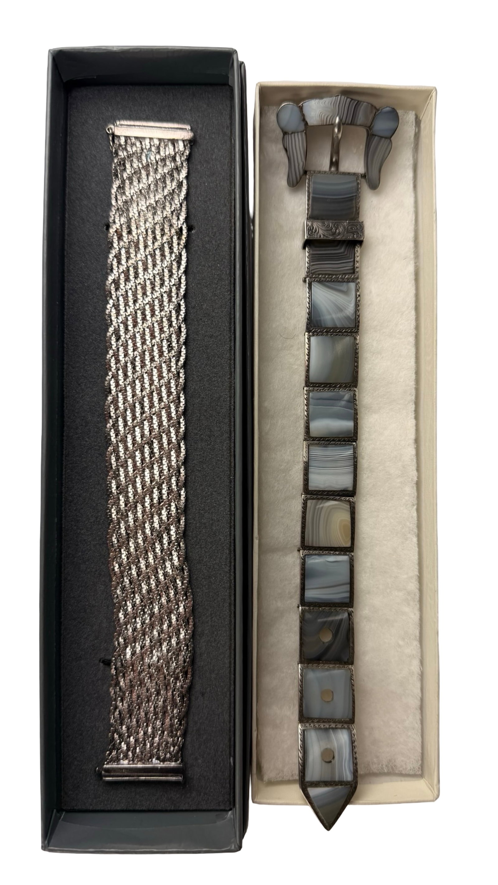 Sterling Silver Bracelets Woven Mesh & Belt Form: Group of two sterling silver bracelets. One is a wide woven mesh bracelet with a flexible, textured design. The second is a distinctive belt-form bracelet set with rectangular panels of banded agate,