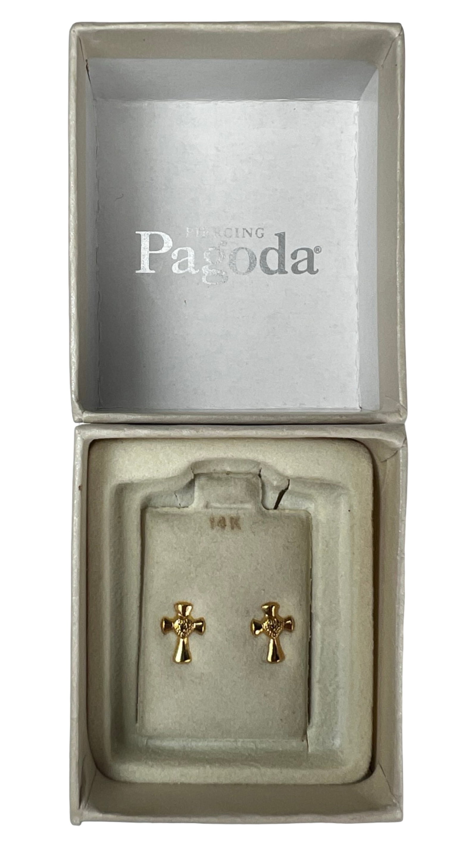 14K Gold Cross Earrings by Pagoda: Delicate pair of 14K yellow gold earrings featuring classic cross motifs accented with a raised heart detail at the center. These petite earrings offer a timeless religious design, making them ideal f