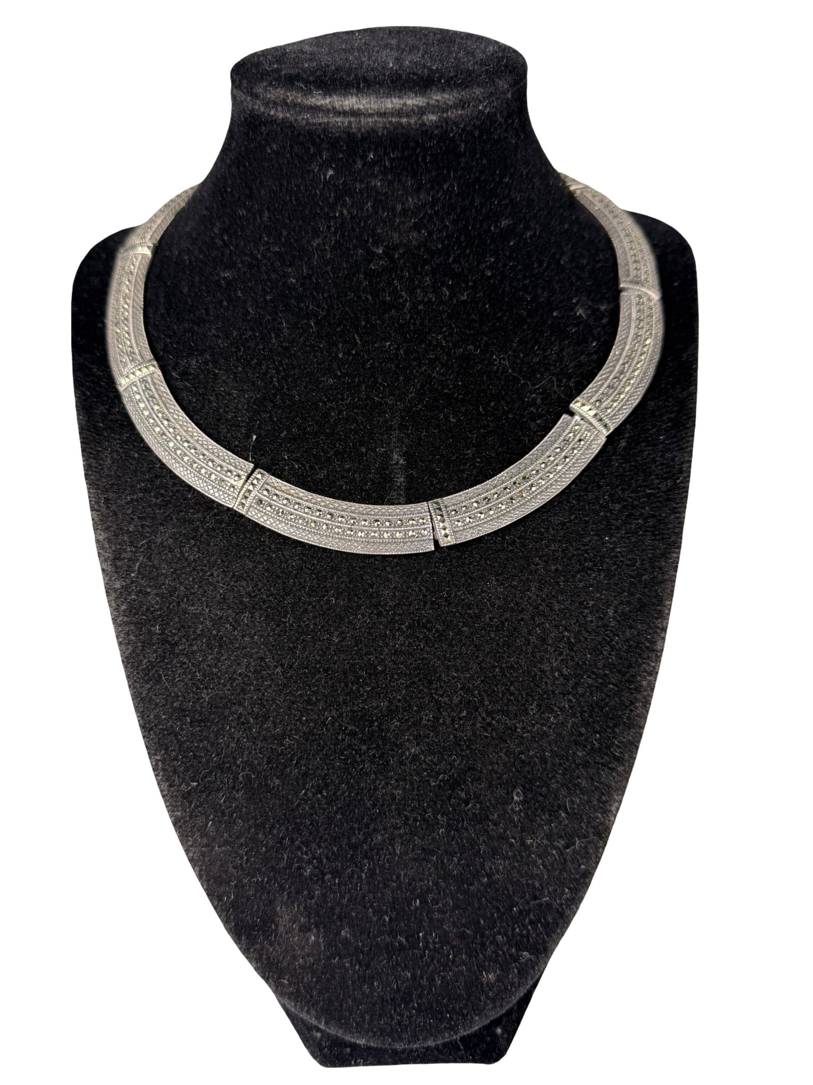 Massive Sterling Silver Marcasite Collar Necklace: Striking vintage sterling silver collar necklace set throughout with faceted marcasite stones, creating a bold and elegant statement piece. The design features articulated segments with intricate geom