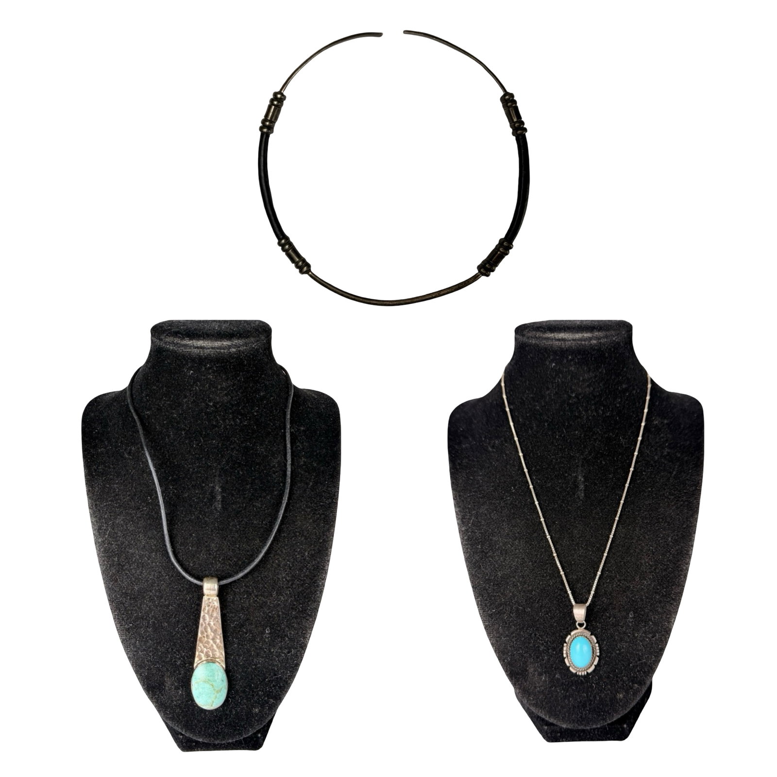 Sterling Silver Turquoise Necklaces & Choker: Attractive assortment of sterling silver jewelry featuring two necklaces and a rigid choker, each showcasing distinctive Southwestern-inspired design elements. The group includes a bold pendant neckla
