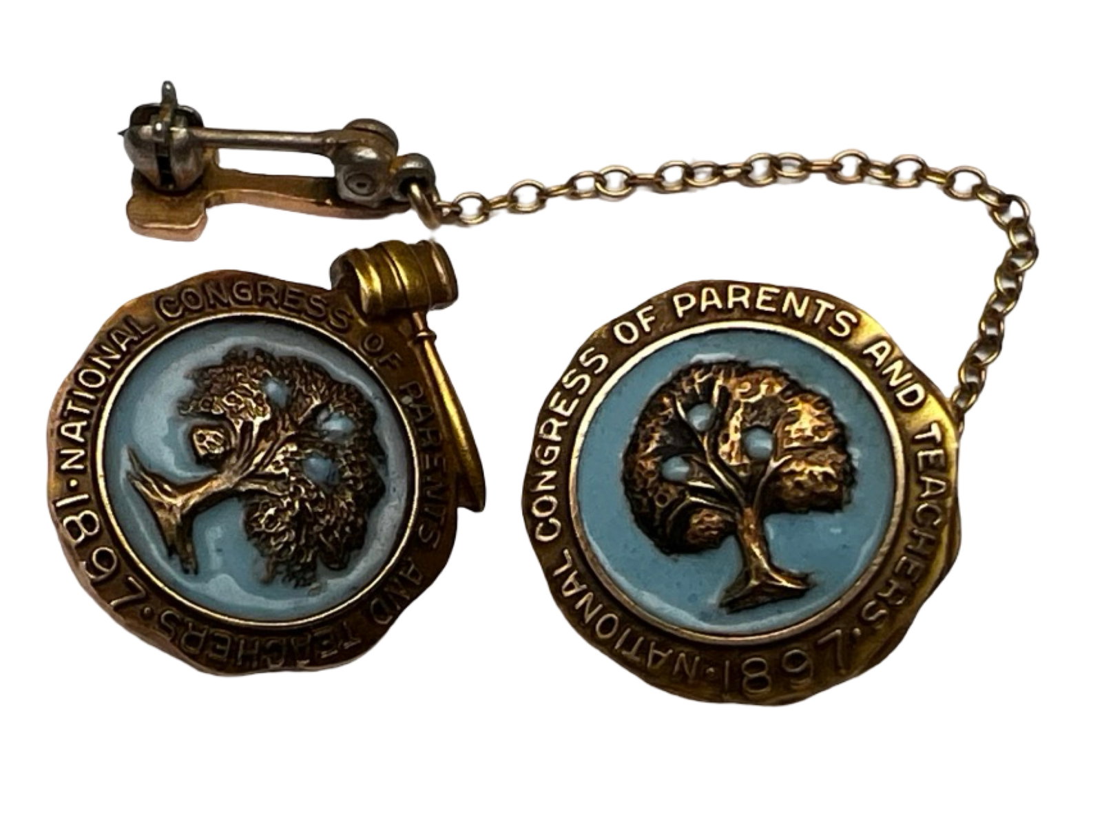 Vintage 10K Gold & Enamel Lapel Pins: Vintage set of 10k Gold lapel pins issued by the National Congress of Parents and Teachers, featuring classic blue enamel centers with raised tree motif and surrounding gold lettering.Approx 1/2" each