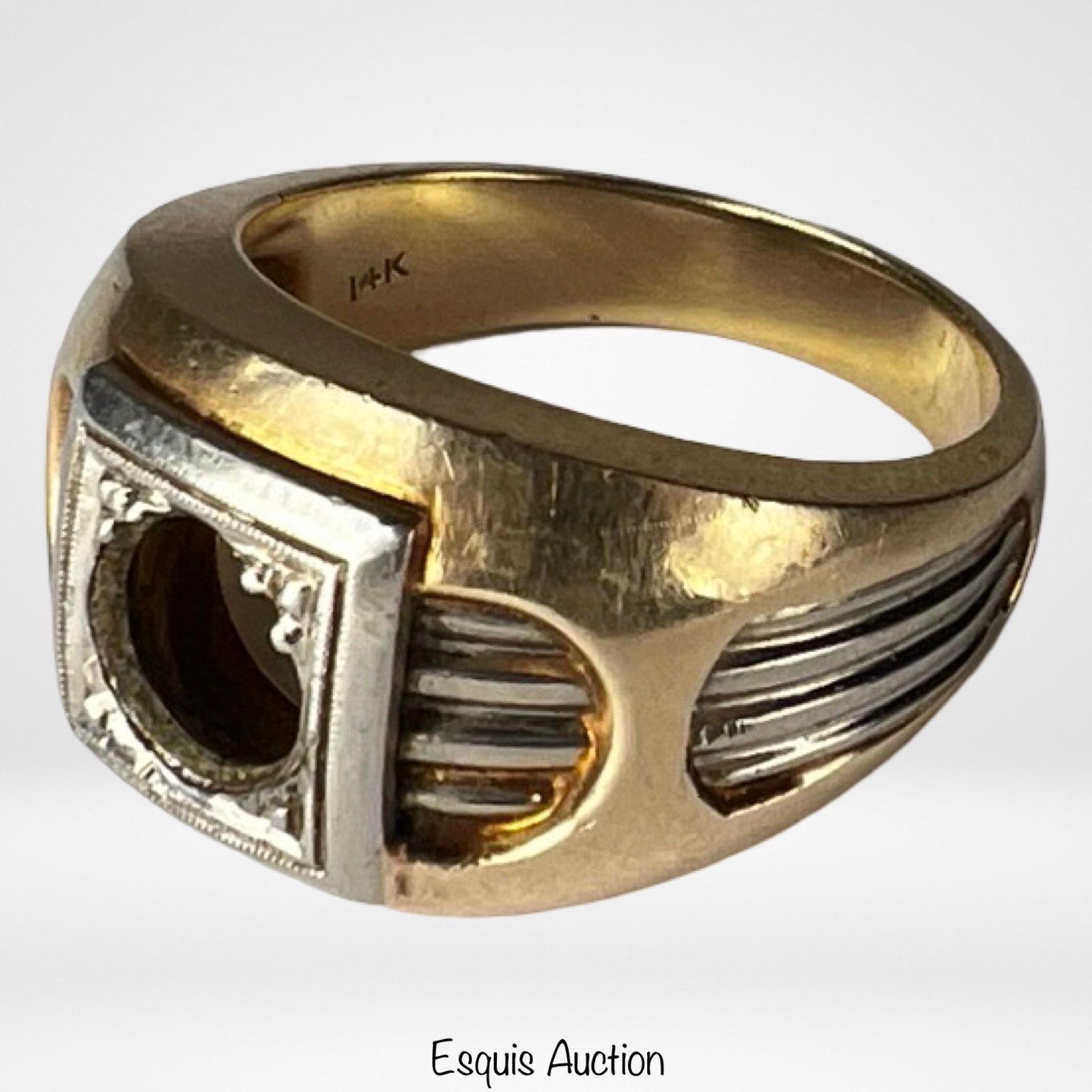 Massive Men's 14K Yellow & White Gold Ring: Substantial men's ring crafted in 14K yellow and white gold, featuring a bold, masculine design with ribbed white gold accents along the shoulders and a square white gold setting. The center is