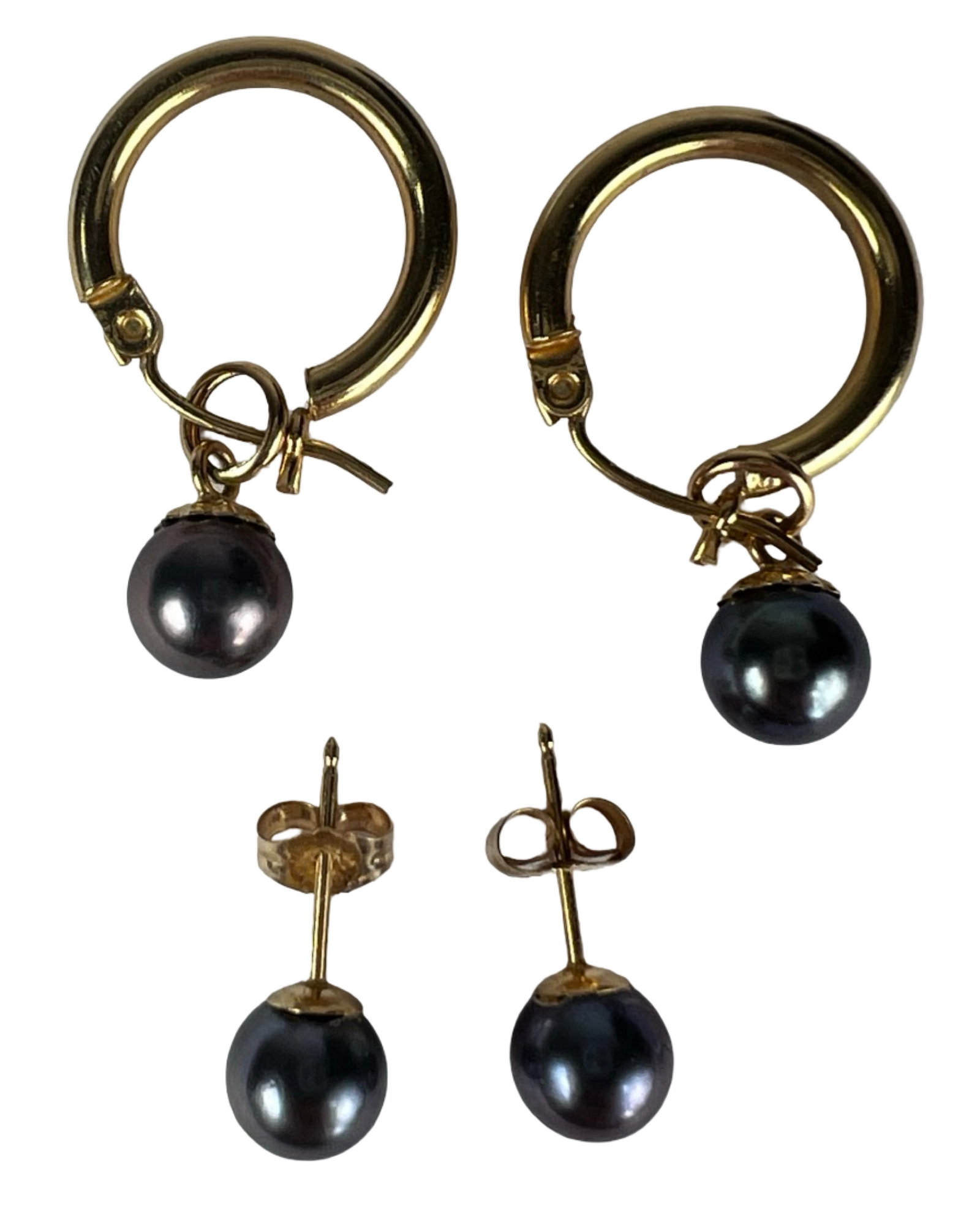14K Gold Black Pearl Drop & Hoop Earrings Set: Elegant 14K yellow gold earring set featuring lustrous black cultured pearl drops. The lot includes a pair of classic hoop earrings with suspended pearl drops, along with a pair of matching pearl