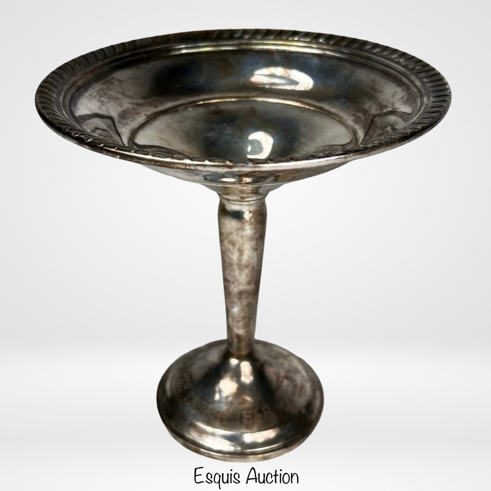 Vintage Sterling Silver Trophy Footed Compote Dish: Elegant vintage sterling silver footed compote or candy dish featuring a classic trophy-form design with flared bowl, pedestal stem, and decorative rim border. Engraved presentation dated 1948 on the 