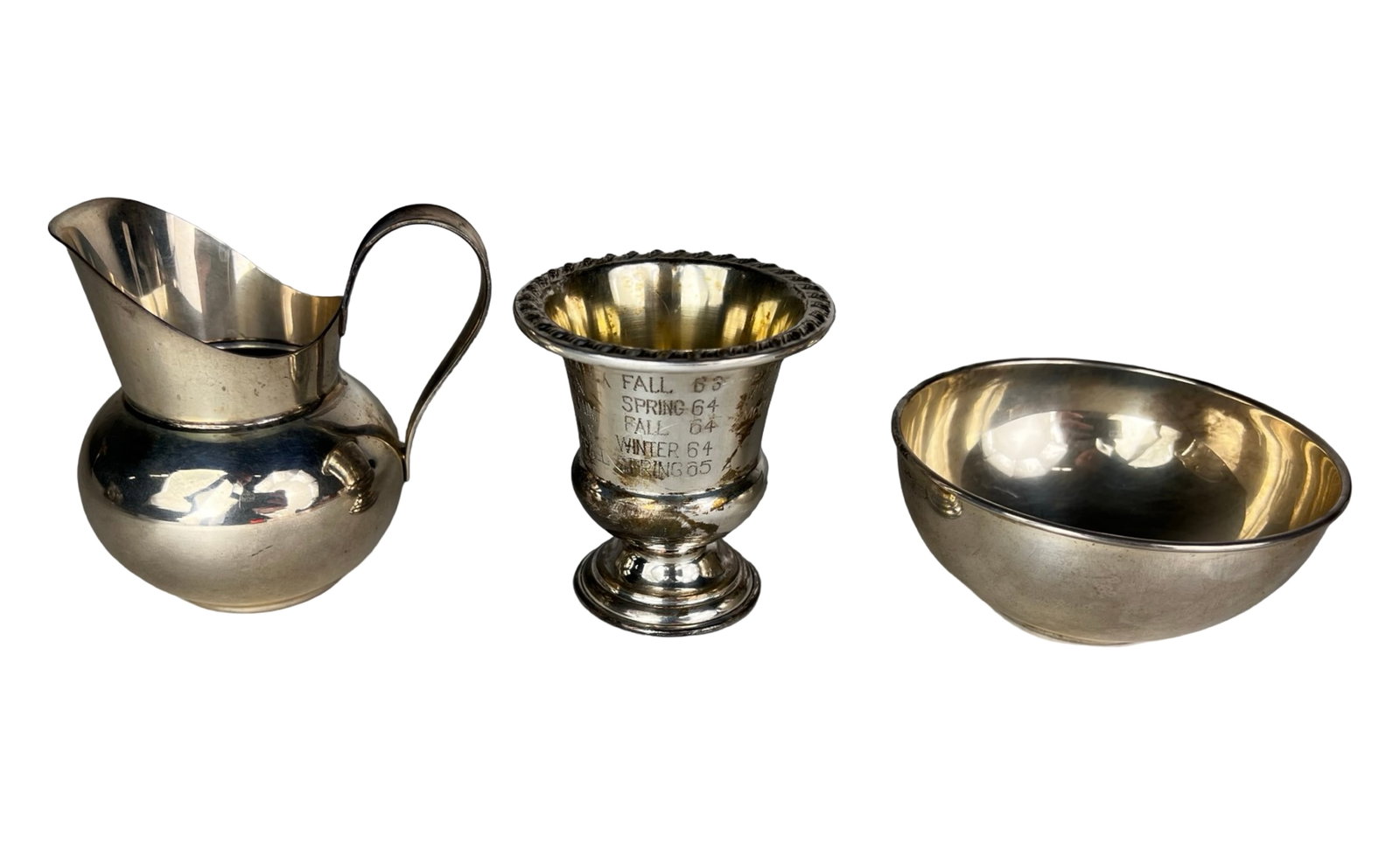 Sterling Silver Tableware - Creamer, Trophy Cup &: Vintage sterling silver tableware assortment including a rounded creamer pitcher with scroll handle, engraved trophy-form cup, Gorham sterling bowl, and Rogers sterling bowl. An attractive mixed group