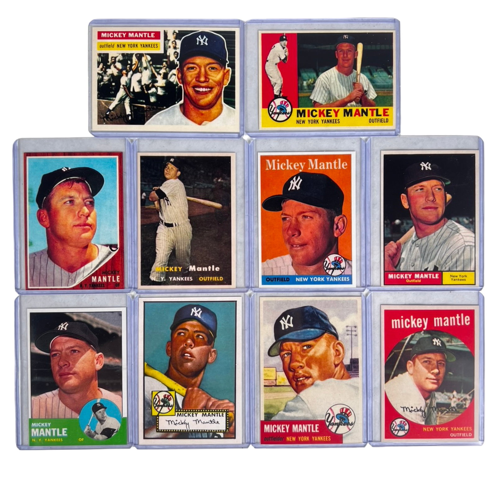 Mickey Mantle Baseball Card Reprints- Lot of 10: Collection of 10 different Mickey Mantle baseball card reprints featuring iconic vintage Topps designs from the 1950s and 1960s. Includes colorful portrait, action, and classic New York Yankees themed