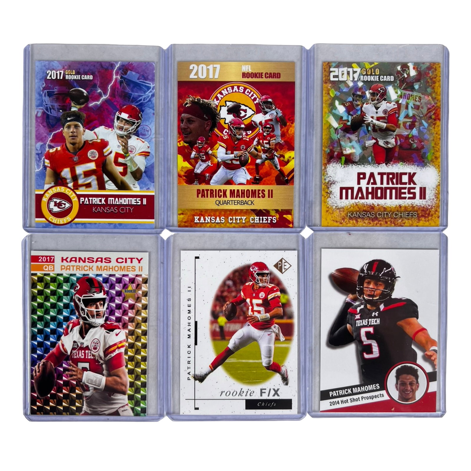 Patrick Mahomes II Rookie Football Card Collection: Collection of six Patrick Mahomes II rookie-era football cards featuring the Kansas City Chiefs superstar quarterback. Includes colorful limited edition, rookie gems, rookie fix, and collegiate Texas 