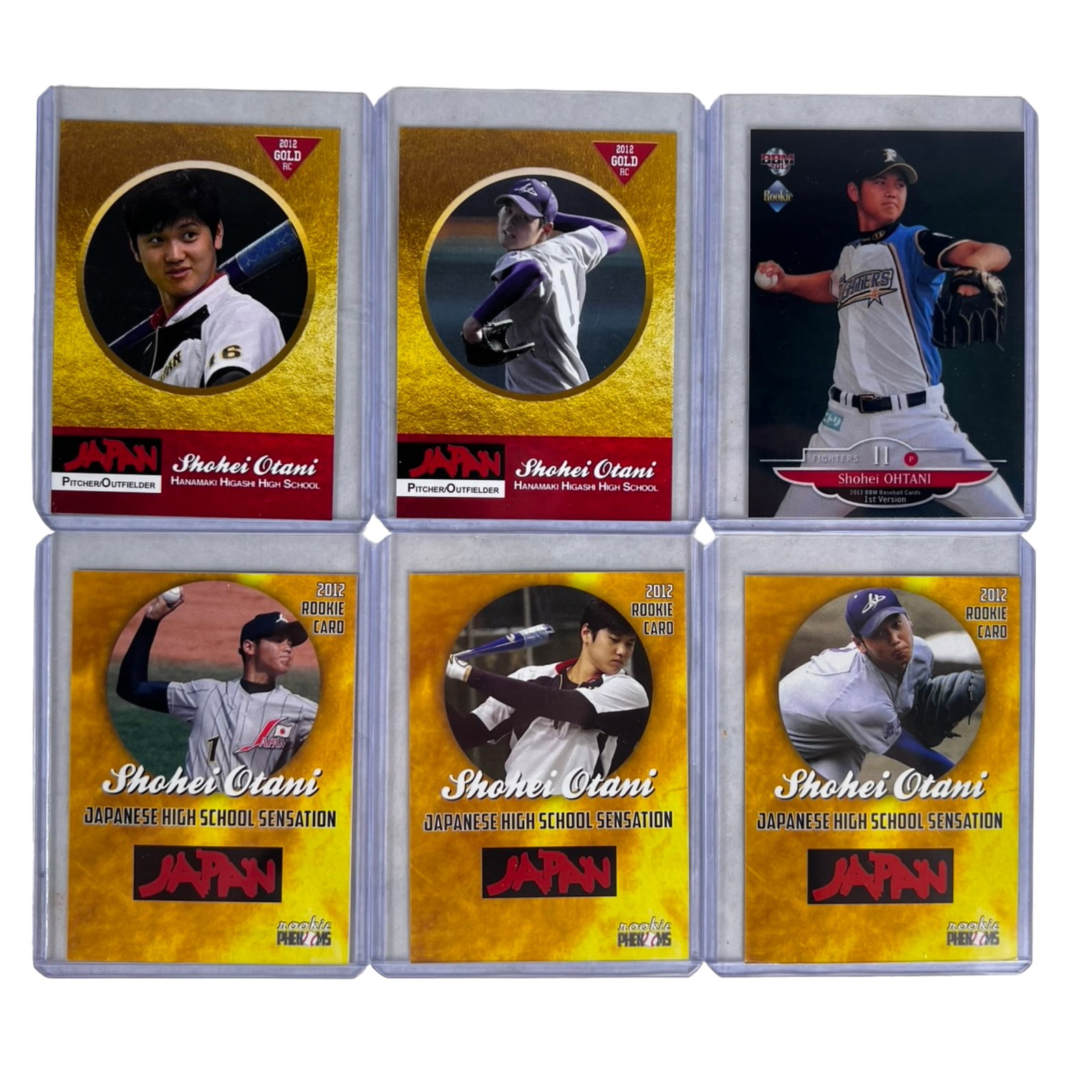 Shohei Ohtani Rookie Baseball Card Collection: Collection of 6 Shohei Ohtani rookie baseball cards featuring the Japanese baseball superstar during his early career and high school years in Japan. Includes multiple 2012 rookie cards highlighting O
