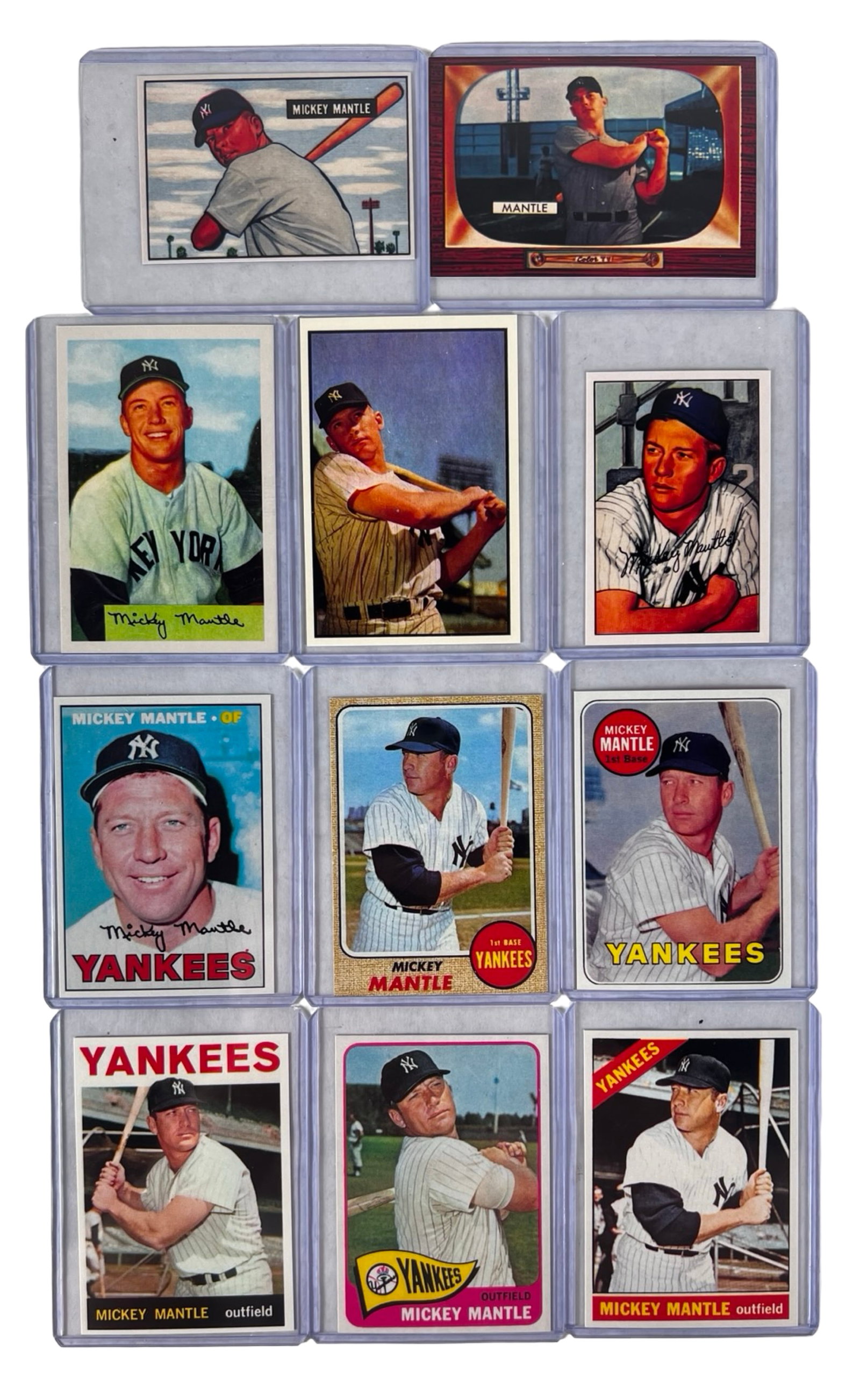 Mickey Mantle NY Yankees Reprint Baseball Cards: Collection of 11 Mickey Mantle reprint baseball cards featuring the legendary New York Yankees Hall of Famer in a variety of classic card designs and poses. Includes colorful vintage-style reproductio