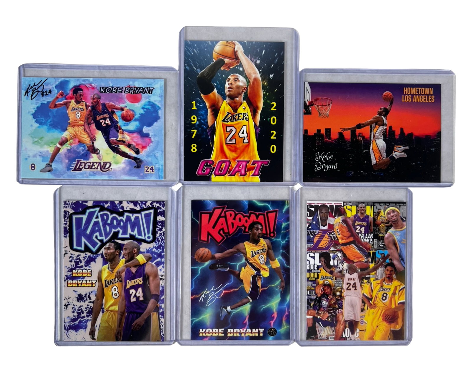 Kobe Bryant LALakers Basketball Card Collection: Collection of 6 Kobe Bryant basketball cards featuring the legendary Los Angeles Lakers superstar in a variety of dynamic modern card designs. Includes tribute-style and highlight cards showcasing Bry