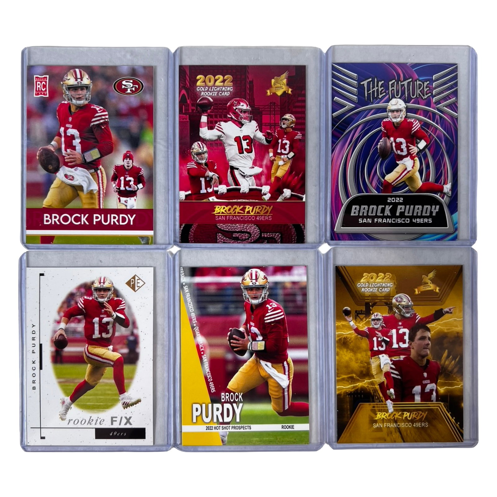 Brock Purdy 49ers Rookie Football Card Collection: Collection of 6 Brock Purdy rookie football cards featuring the San Francisco 49ers quarterback in a variety of modern card designs, including "The Future," "Gold Lightning," and "Rookie Fix" themed i