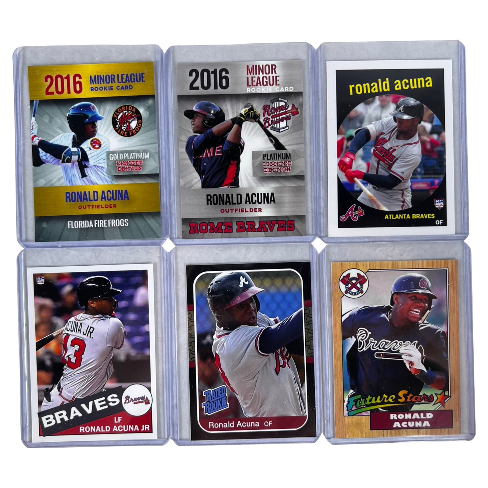 Ronald Acuna Jr. Rookie Baseball Card Collection: Collection of 6 Ronald Acuna Jr. rookie baseball cards featuring the Atlanta Braves superstar outfielder, including minor league, prospect, and "Future Stars" themed issues. Cards showcase Acuna durin