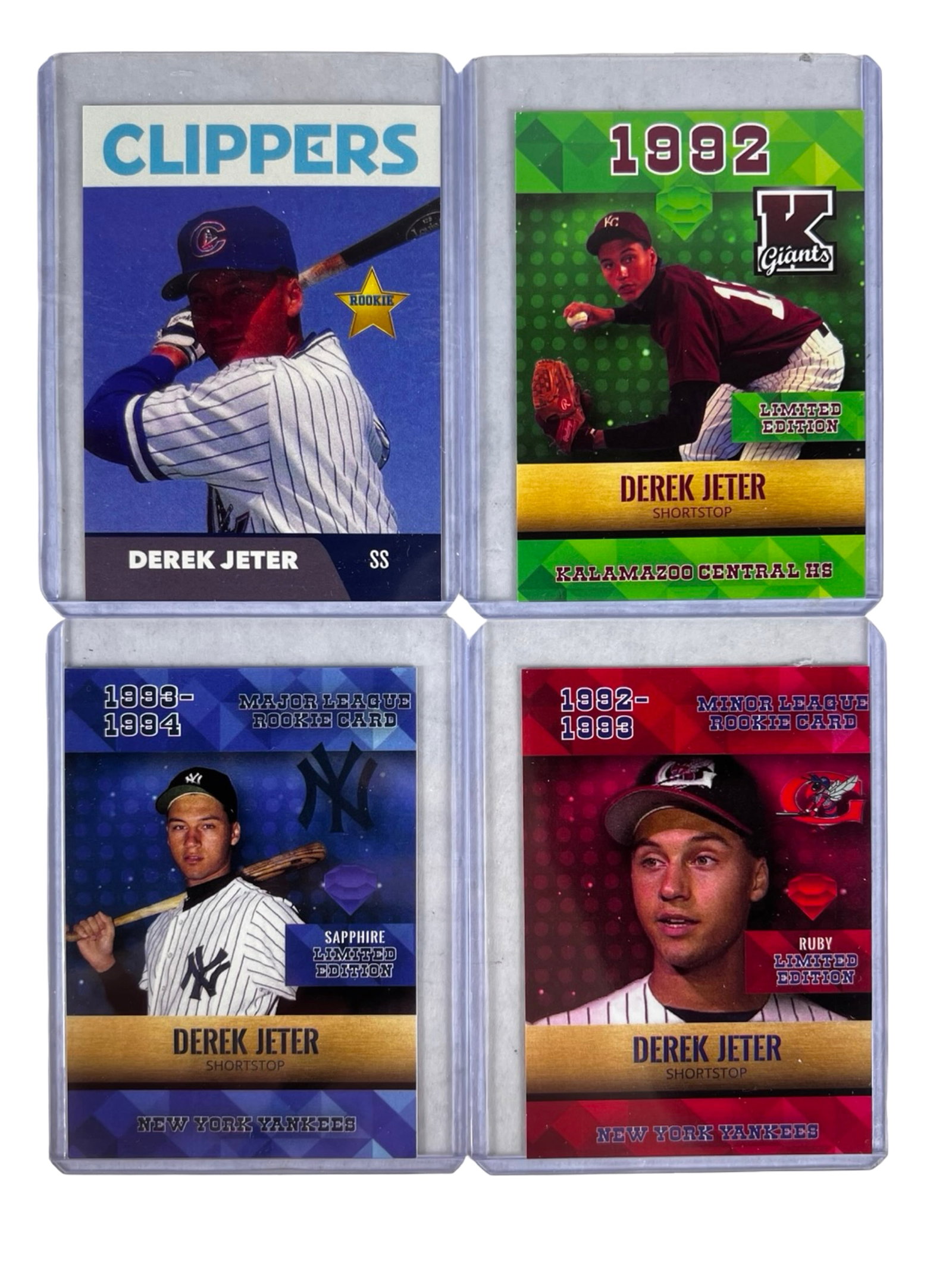 Derek Jeter New York Yankees Rookie Baseball Cards: 4 Derek Jeter rookie baseball cards featuring the legendary New York Yankees shortstop during his early minor league and prospect years. Includes limited edition and rookie-themed issues highlighting 