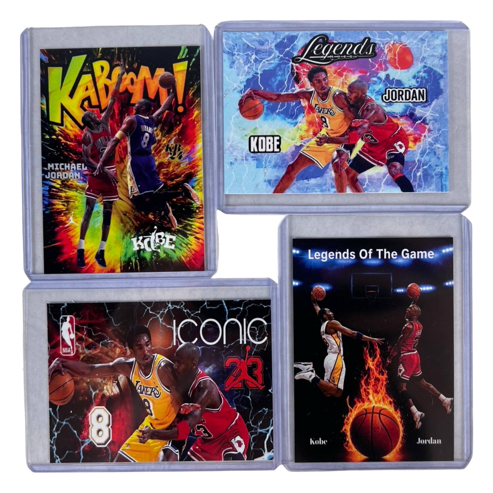 Michael Jordan & Kobe Bryant Basketball Cards: 4 basketball cards featuring NBA legends Michael Jordan and Kobe Bryant in dynamic crossover and "Legends of the Game" themed designs. Cards showcase the Chicago Bulls icon alongside the Los Angeles