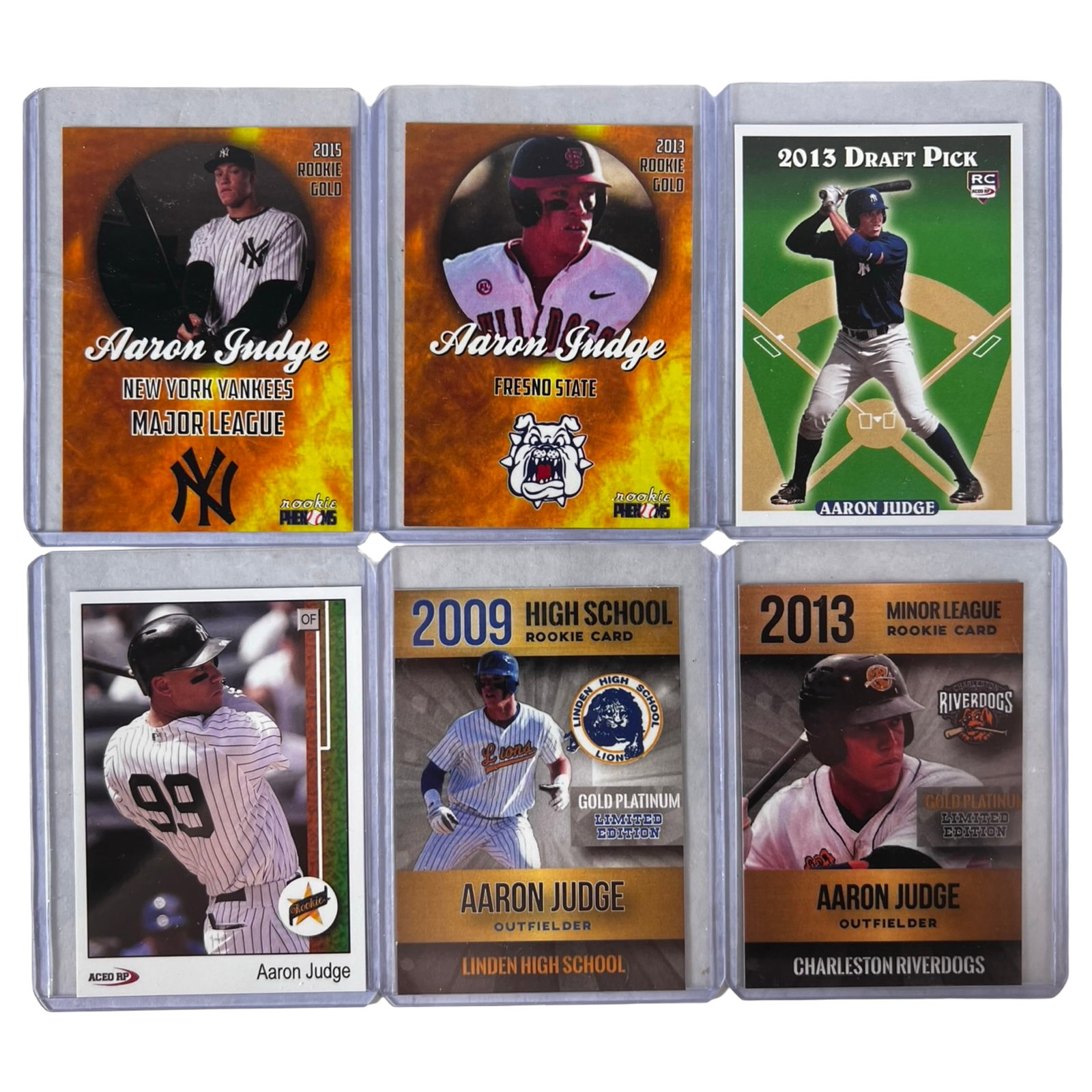 Aaron Judge Rookie Baseball Cards- Lot of 6: Collection of 6 Aaron Judge rookie baseball cards featuring the New York Yankees slugger during his high school, college, minor league, and early professional career years. The lot includes Rookie
