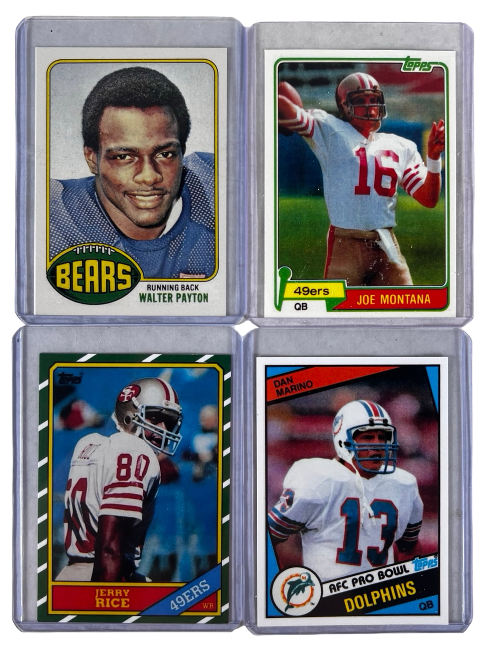 Football Legends Rookie Reprint Cards - Payton, M: Rookie reprint football cards featuring four NFL legends: Walter Payton of the Chicago Bears, Joe Montana and Jerry Rice of the San Francisco 49ers, and Dan Marino of the Miami Dolphins. The lot inclu