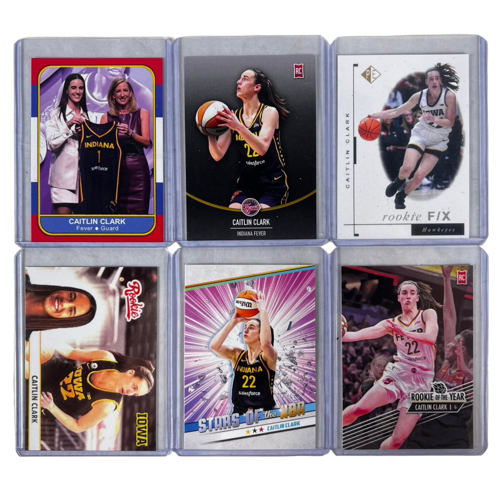 Caitlin Clark Rookie Basketball Cards - Lot of 6: Collection of 6 Caitlin Clark rookie basketball cards featuring the record-breaking Iowa Hawkeyes and Indiana Fever superstar. The lot includes rookie cards highlighting Clark during her collegiate ca