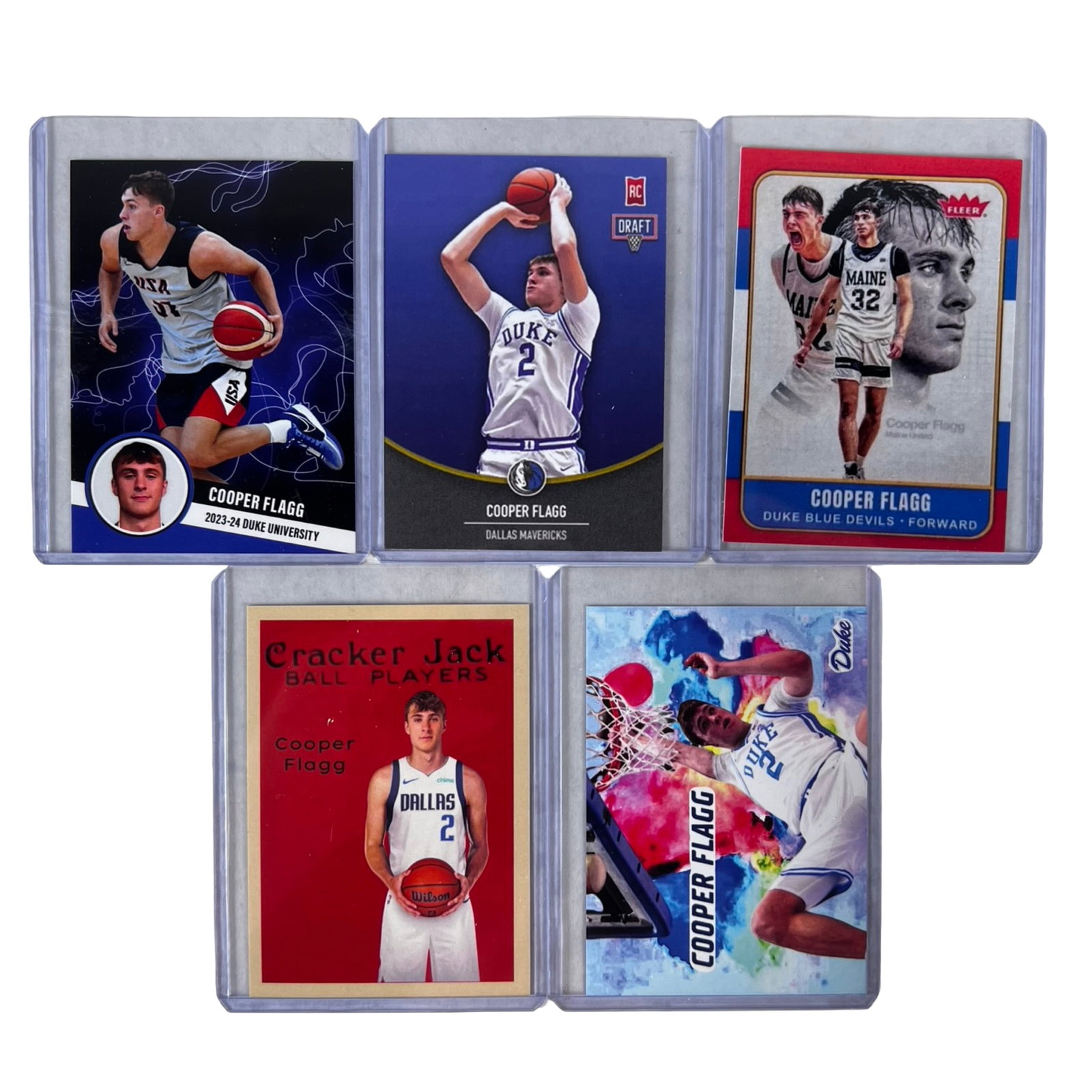 Cooper Flagg Rookie Basketball Cards - Lot of 5: Collection of 5 Cooper Flagg rookie basketball cards featuring the highly touted Duke Blue Devils and Dallas Mavericks prospect. The lot includes rookie and draft-themed cards showcasing Flagg during