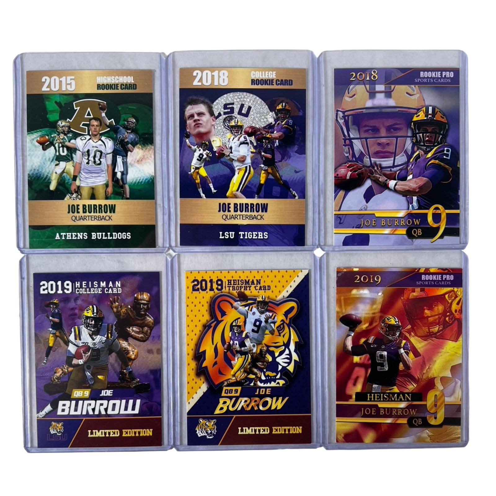 Joe Burrow Rookie Football Cards - Lot of 6: Collection of 6 Joe Burrow rookie football cards featuring the star quarterback during his high school, LSU Tigers, and Heisman Trophy seasons. The lot includes colorful rookie cards highlighting