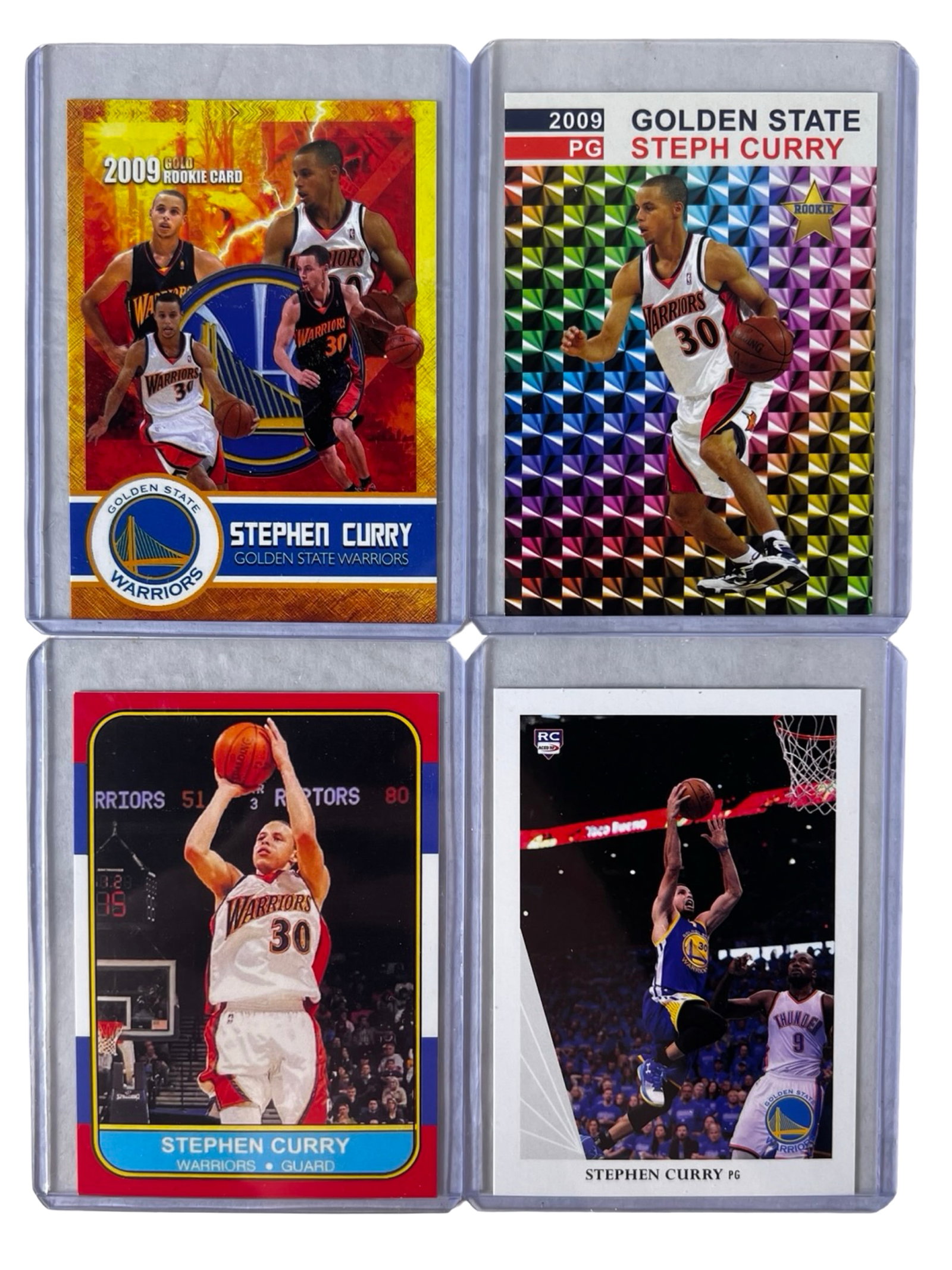Stephen Curry Rookie Basketball Cards - Lot of 4: 4 Stephen Curry rookie basketball cards featuring the Golden State Warriors superstar during his early NBA career. A great addition for NBA collectors and Warriors fans. All cards are in mint to near 