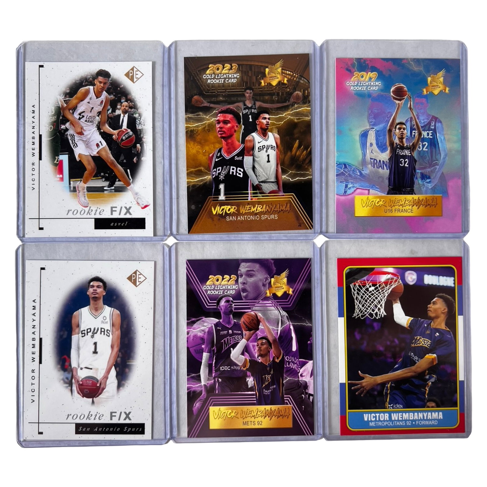 Victor Wembanyama Rookie Basketball Cards: Group of 6 Victor Wembanyama rookie basketball cards featuring the highly touted San Antonio Spurs superstar and one of the most exciting young talents in the NBA. A strong collectible group for