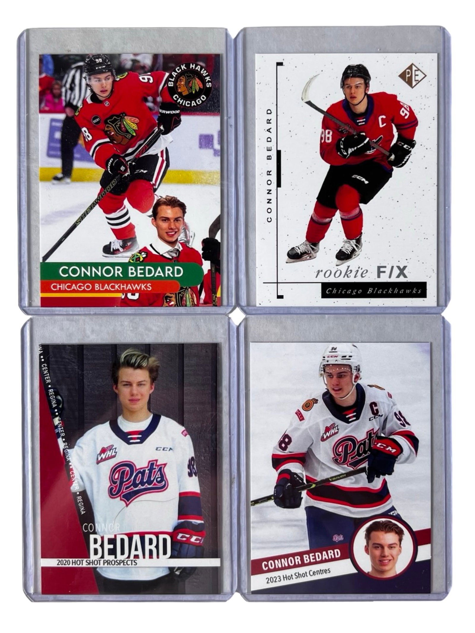 Connor Bedard Rookie Hockey Cards - Lot of 4: Group of 4 Connor Bedard rookie hockey cards featuring the Chicago Blackhawks phenom and one of the most highly anticipated young stars in the NHL. A strong addition for hockey collectors and investor