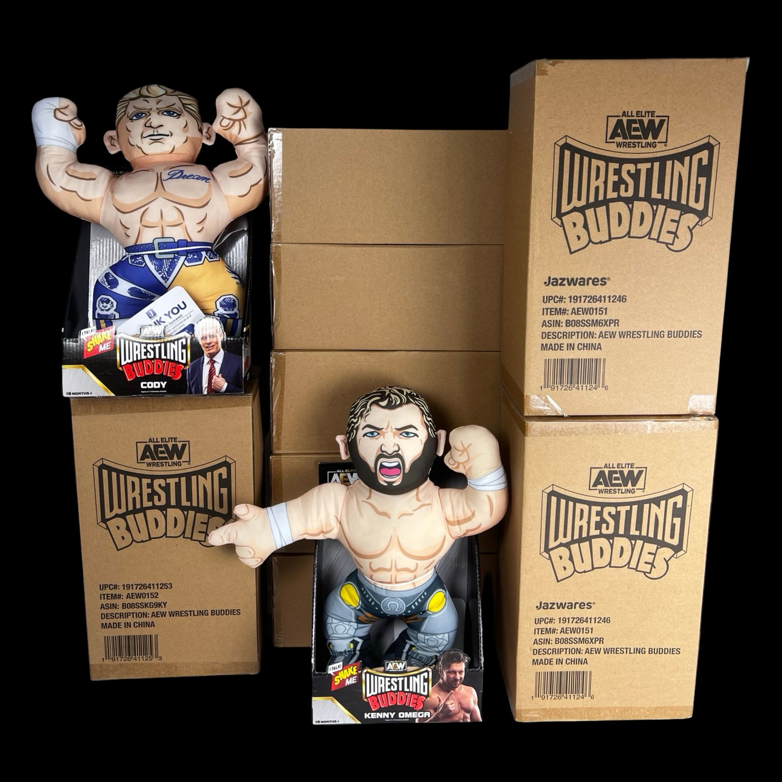 Lot of 8 AEW Wrestling Buddies Plush Figures: Large lot of All Elite Wrestling Wrestling Buddies plush figures by Jazwares, including seven Kenny Omega Official LJN Wrestling Buddy plush figures and one Cody Rhodes Official LJN Wrestling Buddy pl