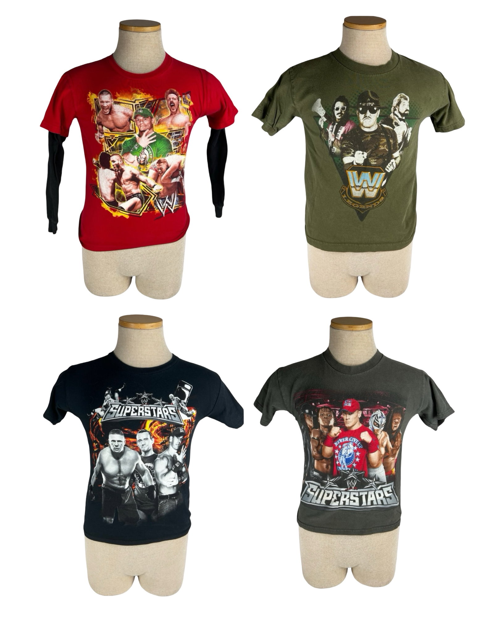 WWE Wrestling T-Shirts- Cena, Lesnar, CM Punk: Group of four vintage WWE wrestling graphic T-shirts featuring iconic wrestling superstars including John Cena, Randy Orton, CM Punk, Brock Lesnar, Rey Mysterio, Sgt. Slaughter, and other WWE