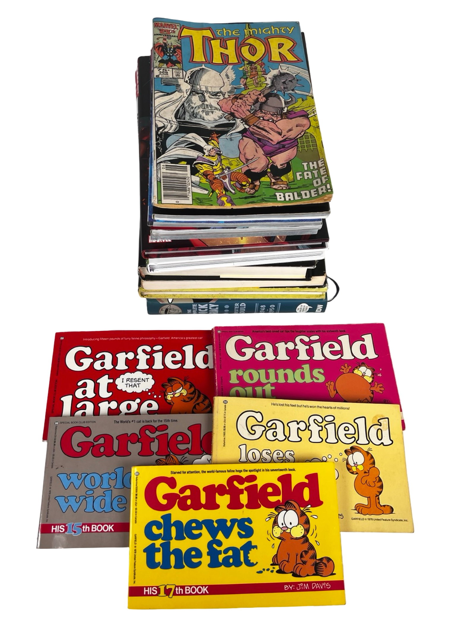 Comic Books & Graphic Novels: Assortment of comic books, graphic novels, and illustrated humor books featuring Marvel titles, Garfield collections by Jim Davis, and comic history/reference publications. Includes titles such as The