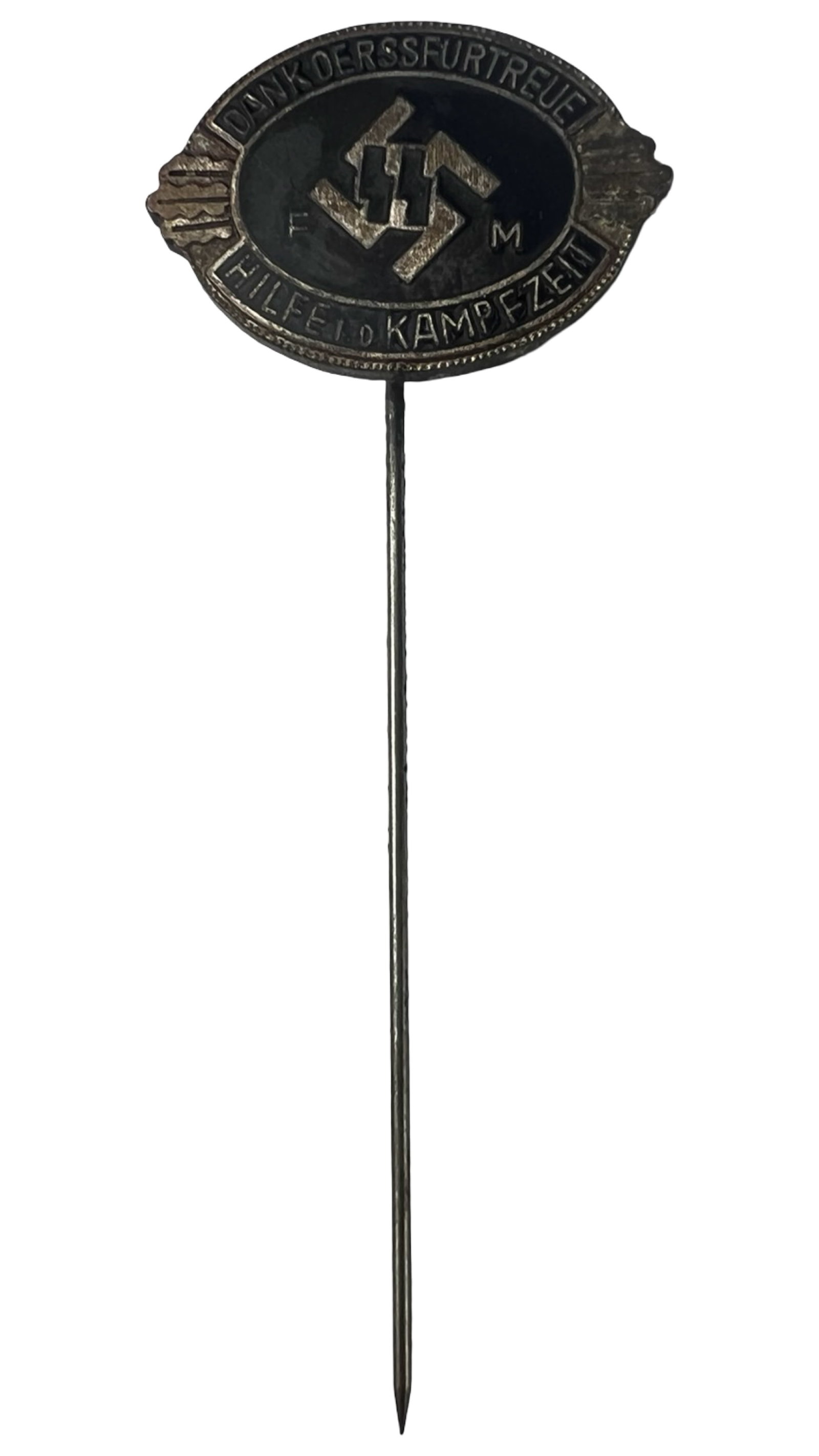 WWII German Waffen SS Supporting Member Stick Pin: WWII-era German Supporting Member (Forderndes Mitglied) stick pin featuring oval badge with central insignia and surrounding inscription. Marked "F.M." on the front, denoting supporting membership, wi