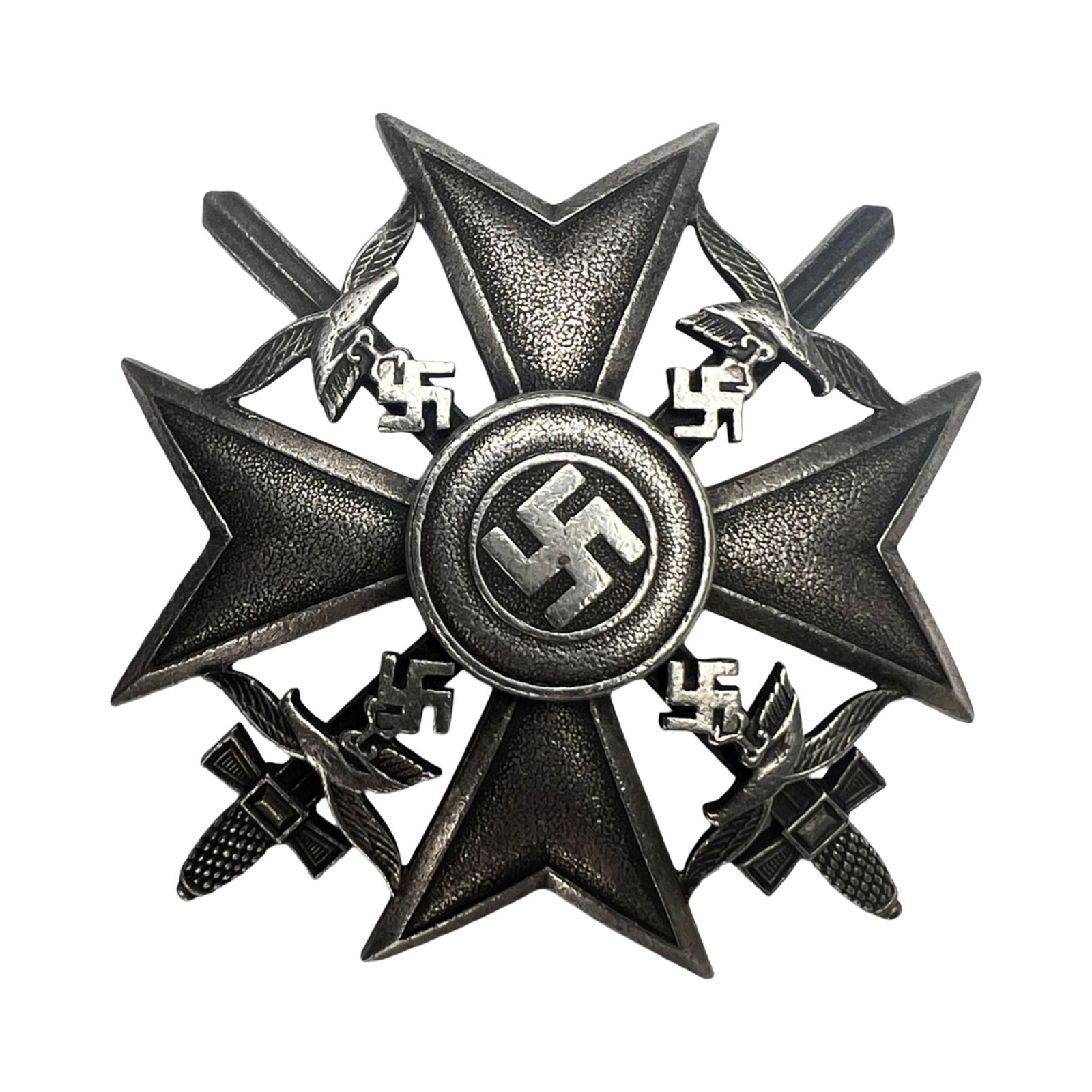 WWII German Spanish Cross in Silver with Swords: WWII-era German Spanish Cross in Silver with Swords, awarded for service during the Spanish Civil War. This example features the classic cross form with central roundel and crossed swords, surrounded 
