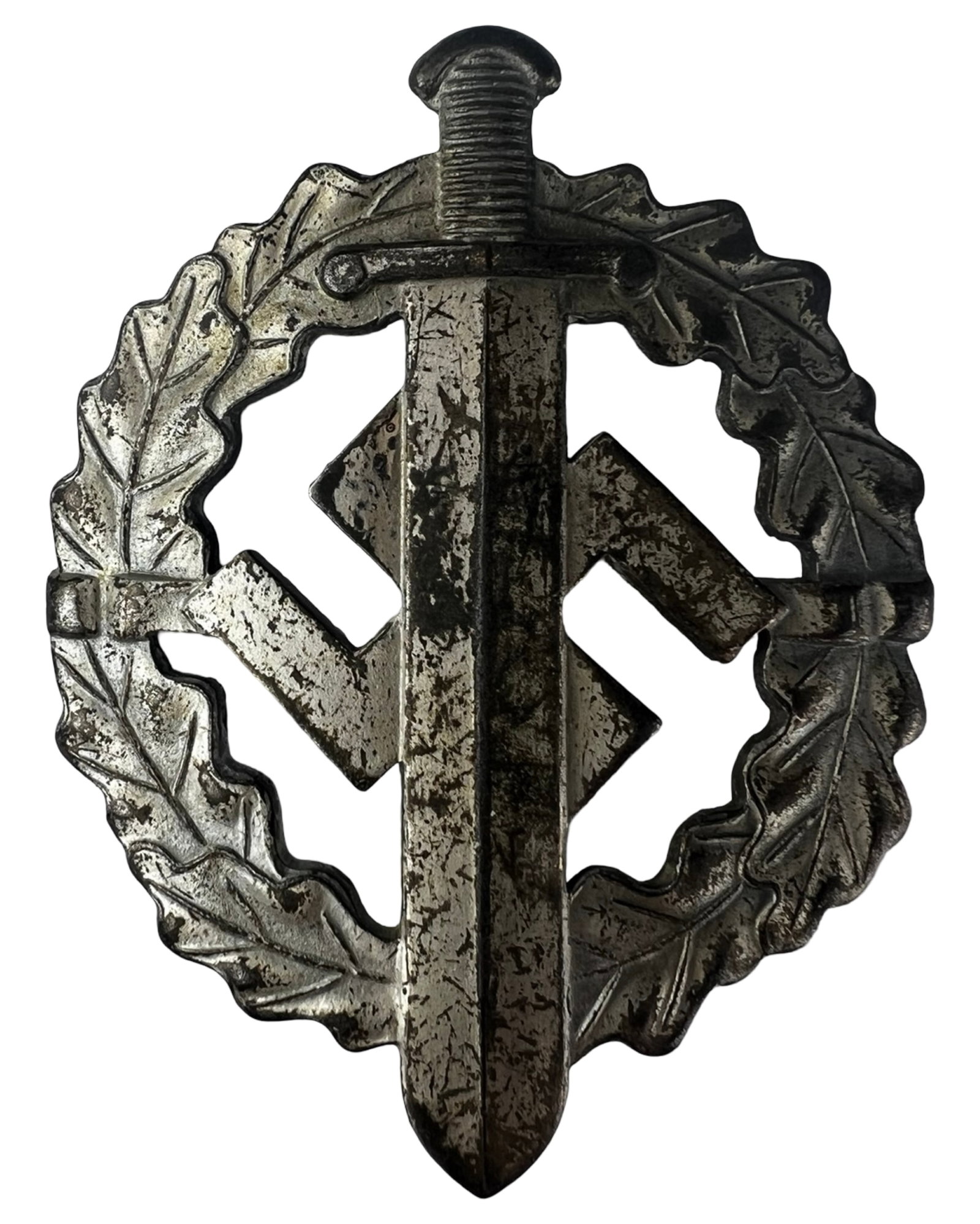 WWII German SA Sports Badge with Sword and Wreath: WWII-era German SA Sports Badge featuring a central sword over a wreath with stylized emblem elements. The reverse shows detailed construction with pin-back fastening and visible maker-style markings 