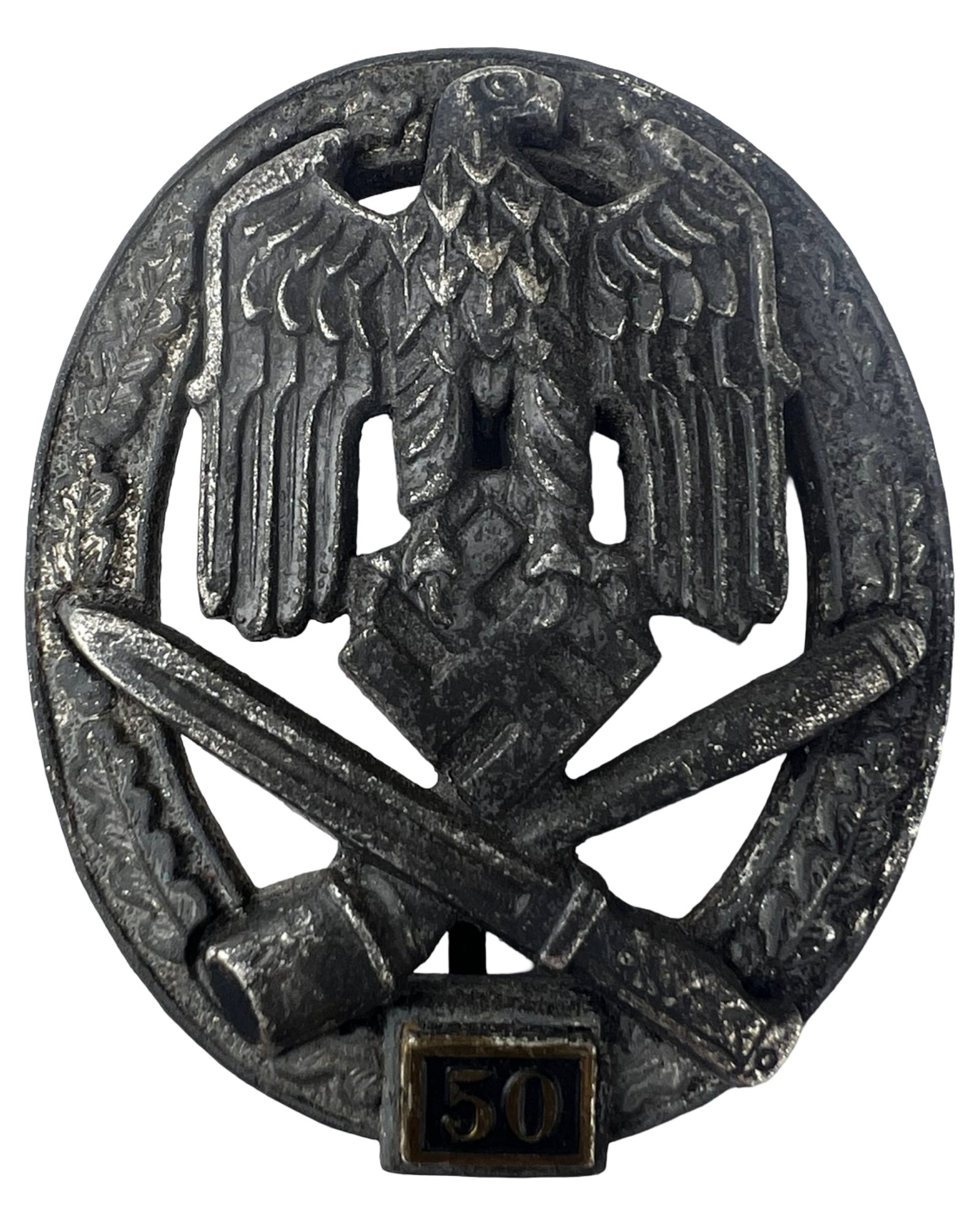 WWII German 50 Engagement General Assault Badge: WWII-era German General Assault Badge featuring the standard oval wreath with Wehrmacht eagle above crossed weapons, fitted with a "50" engagement clasp at the base. Reverse shows a vertical pin-back 