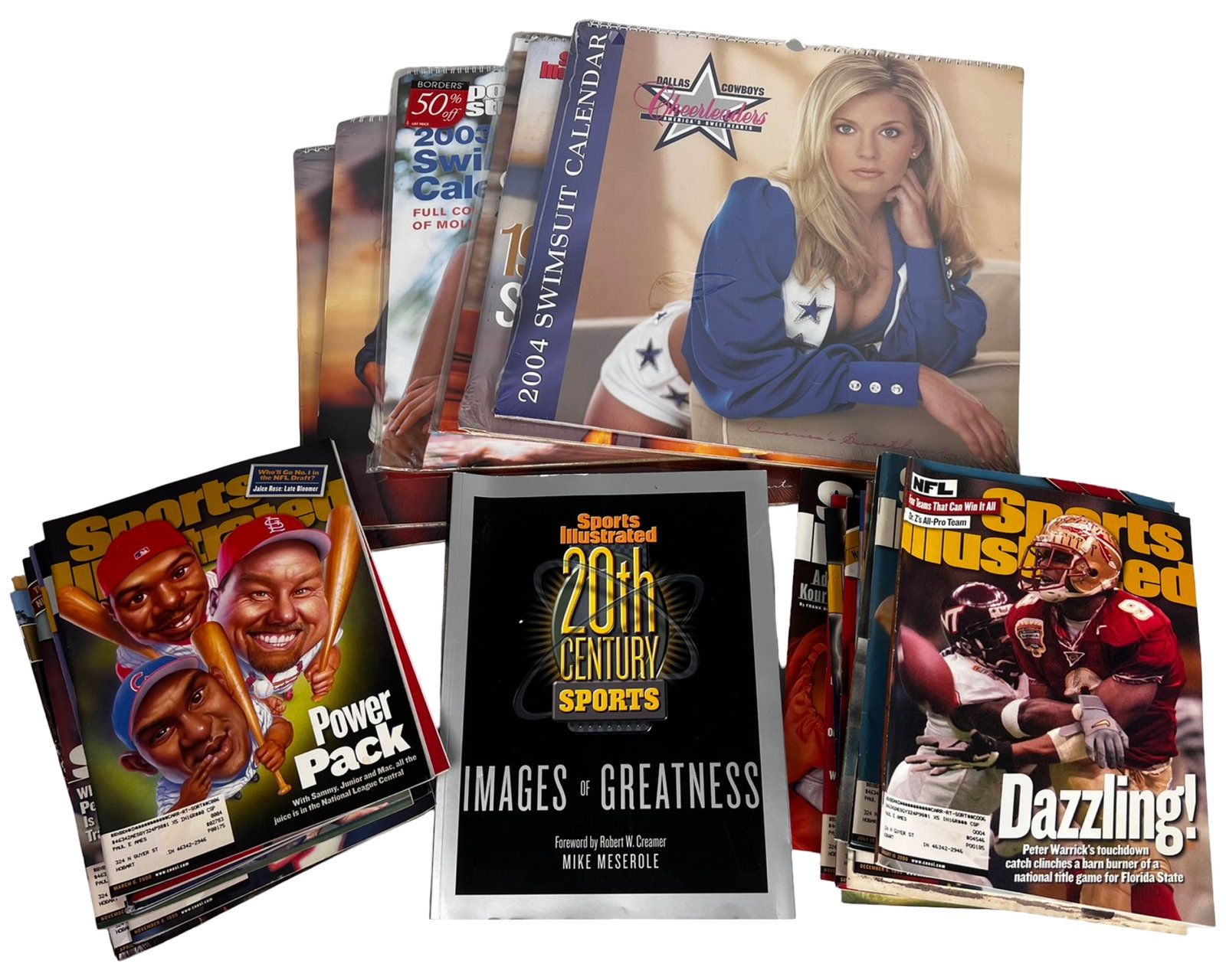 Sports Illustrated Magazines & Swimsuit Calendars: Mixed lot of vintage Sports Illustrated magazines with a group of sealed swimsuit calendars, including 1998, 2002, and 2003 editions, along with Dallas Cowboys Cheerleaders calendars such as 2000 and