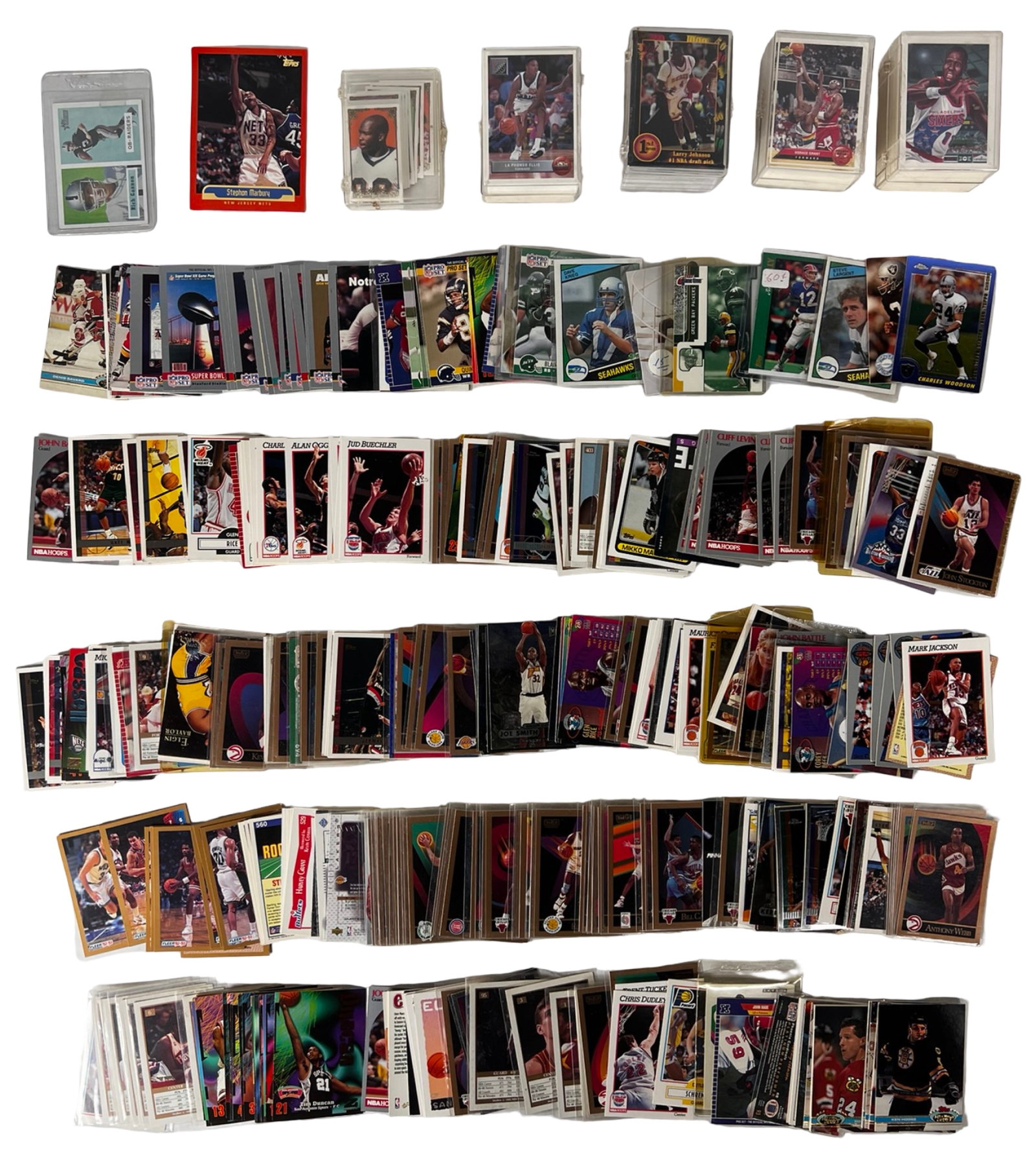 Large Vintage Multi-Sport Trading Card Collection: Collection of vintage multi-sport trading cards featuring football, basketball, and baseball examples from various eras and manufacturers. The lot includes large groupings of loose cards, partial sets