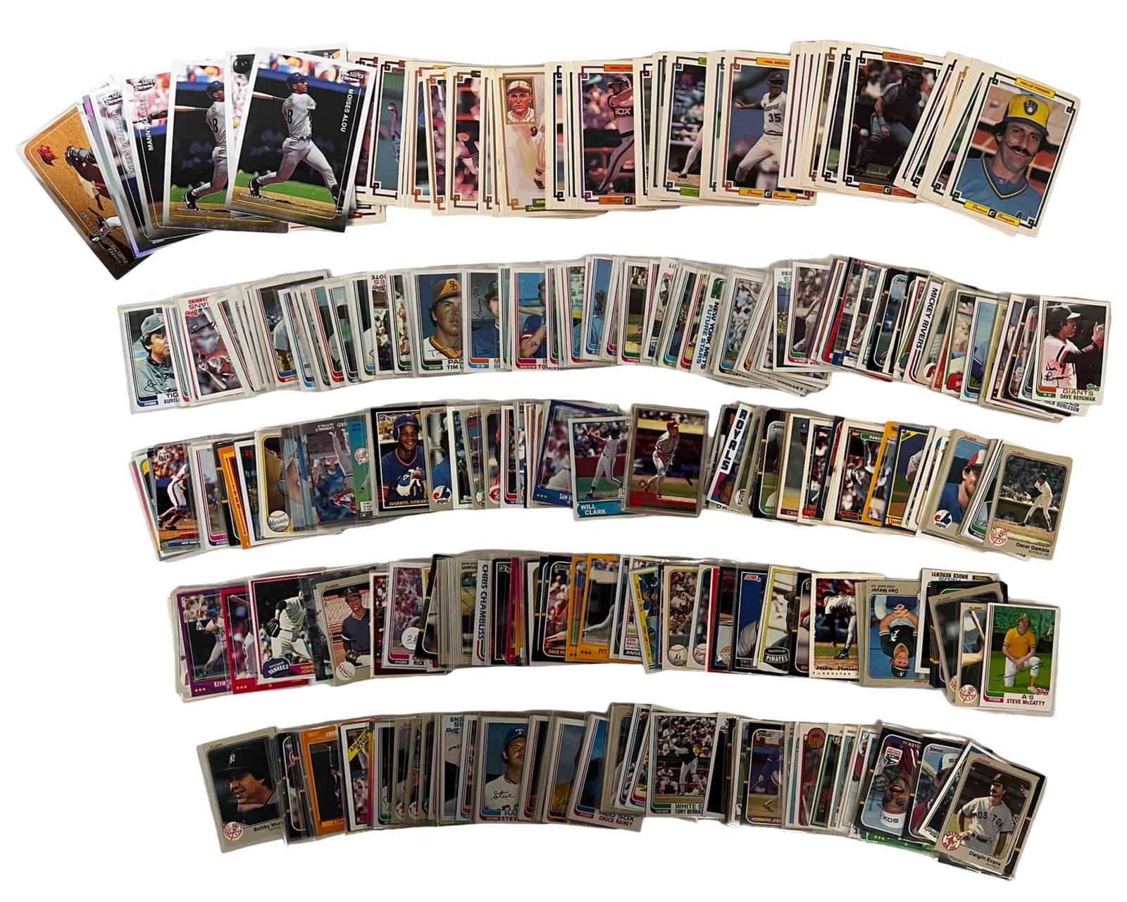 Vintage Baseball Card Collection Unsearched Lot: Large and diverse vintage baseball card collection featuring hundreds of cards from multiple eras and manufacturers, including Topps, Fleer, Donruss, and others. The lot includes a wide mix of loose c