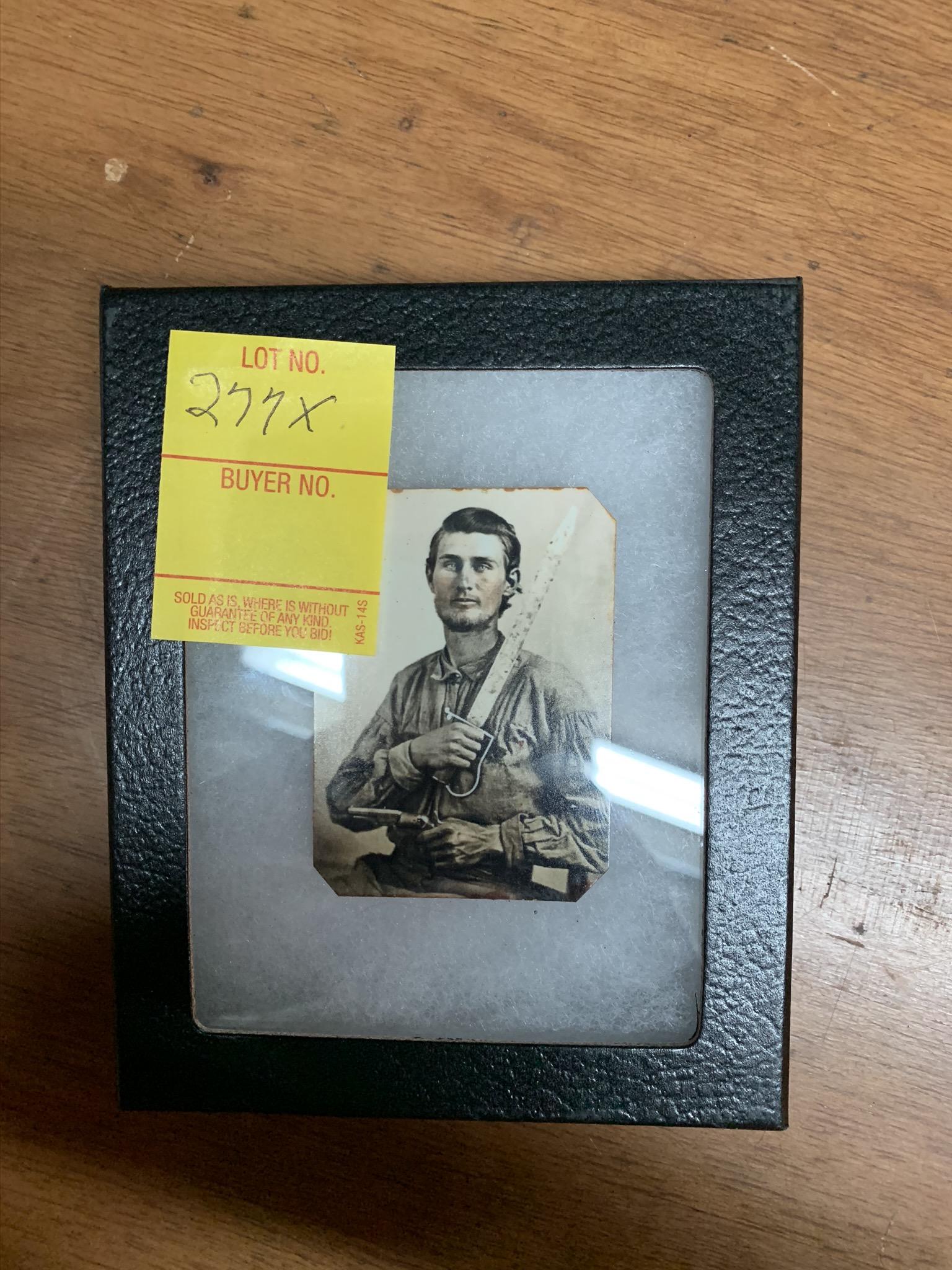 Tintype COPY of Confederate soldier photo: Tintype COPY of Confederate soldier holding cutoff sword & 1849 Colt pocket revolver ca 1861-65
