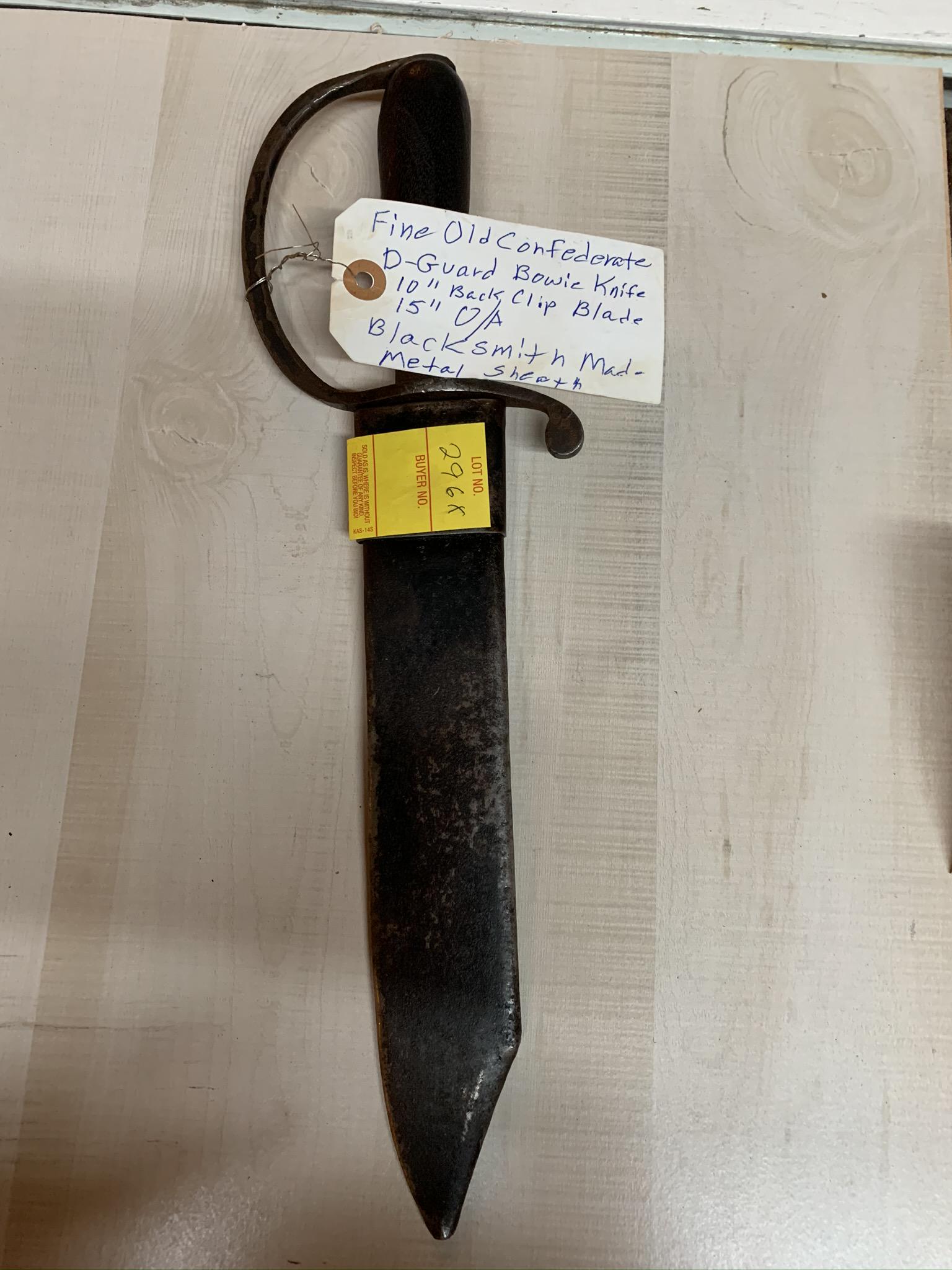 Fine old Confederate D-guard Bowie knife: Fine old Confederate D-guard Bowie knife 10” back clip blade 15” O/A blacksmith made metal sheath