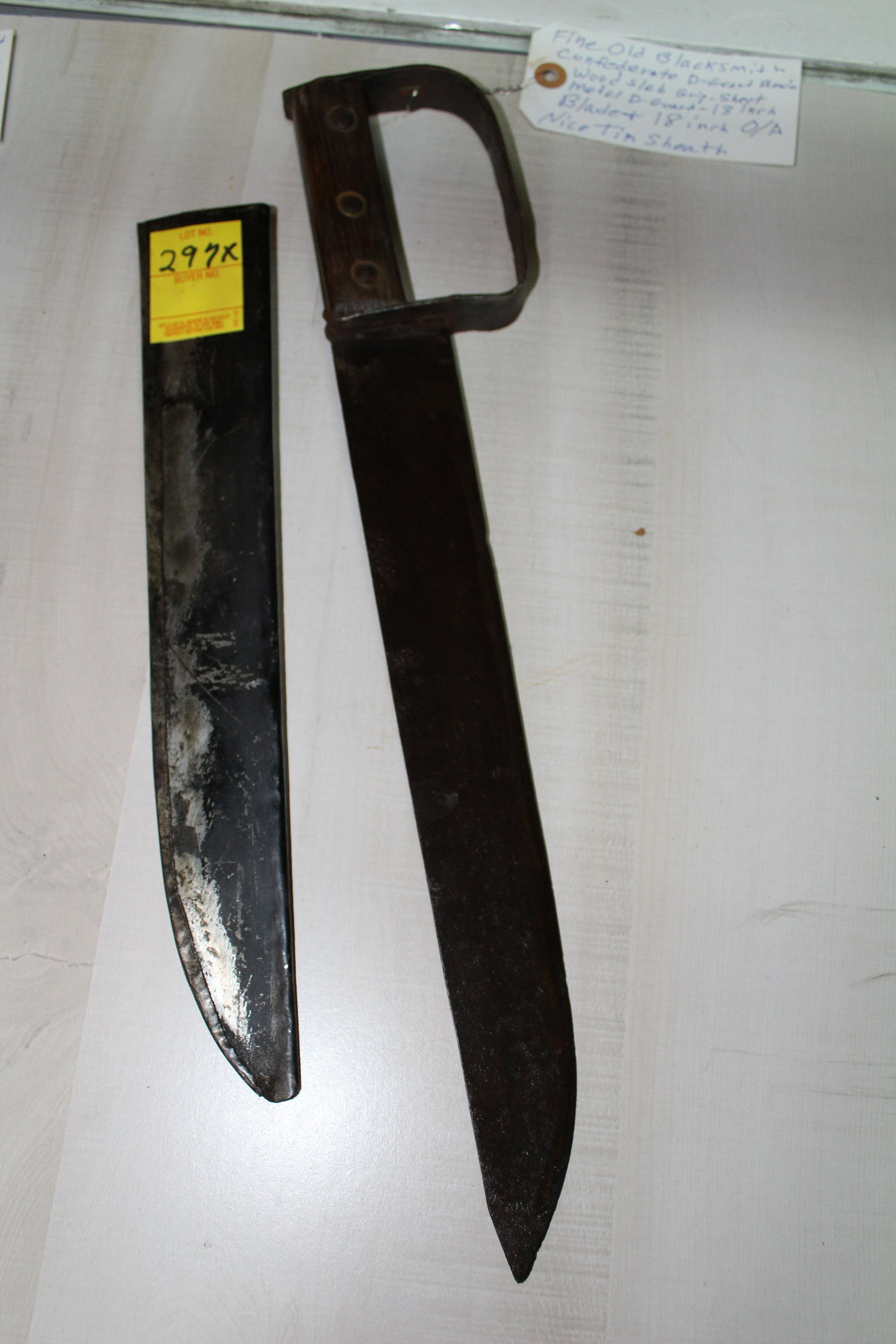 Fine old Confederate blacksmith D-guard Bowie: Fine old Confederate blacksmith D-guard Bowie wood slab grip, sheet metal D-guard 13” blade & 18” O/A nice tin sheath