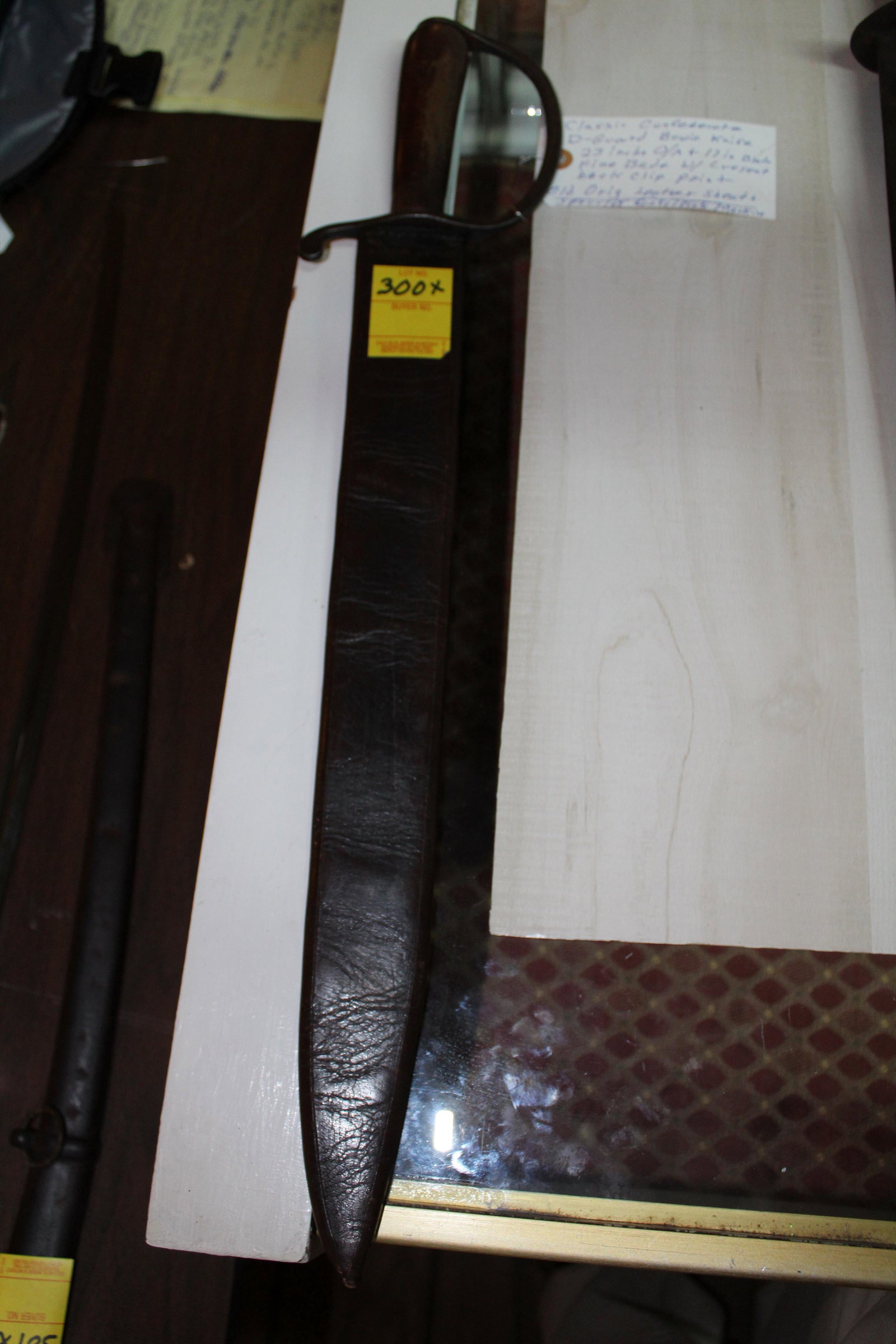 Classic Confederate D-guard Bowie knife: Classic Confederate D-guard Bowie knife 23” overall 17” fine blade w/crescent back clip point orig. leather sheath